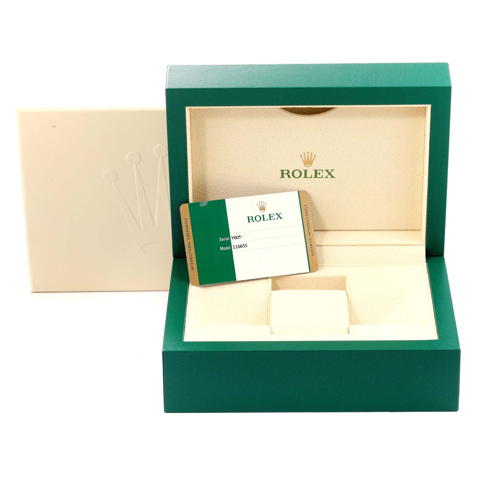 The image shows a Rolex Yacht-Master 116655 Men
s Rose Gold Black Dial 116655 Men
s Rose Gold Black Dial watch box, including the warranty card and interior storage area.