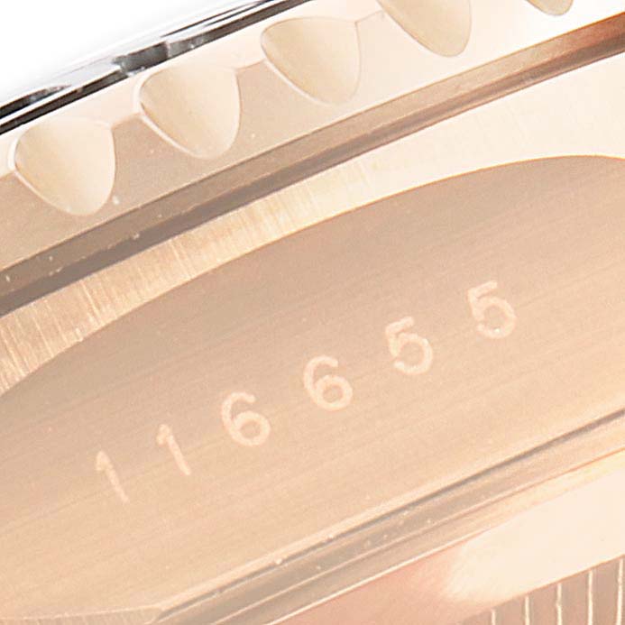 This close-up image shows the bezel and part of the case of a Rolex Yacht-Master 116655 Men
s Rose Gold Black Dial 116655 Men
s Rose Gold Black Dial watch, including its model number.