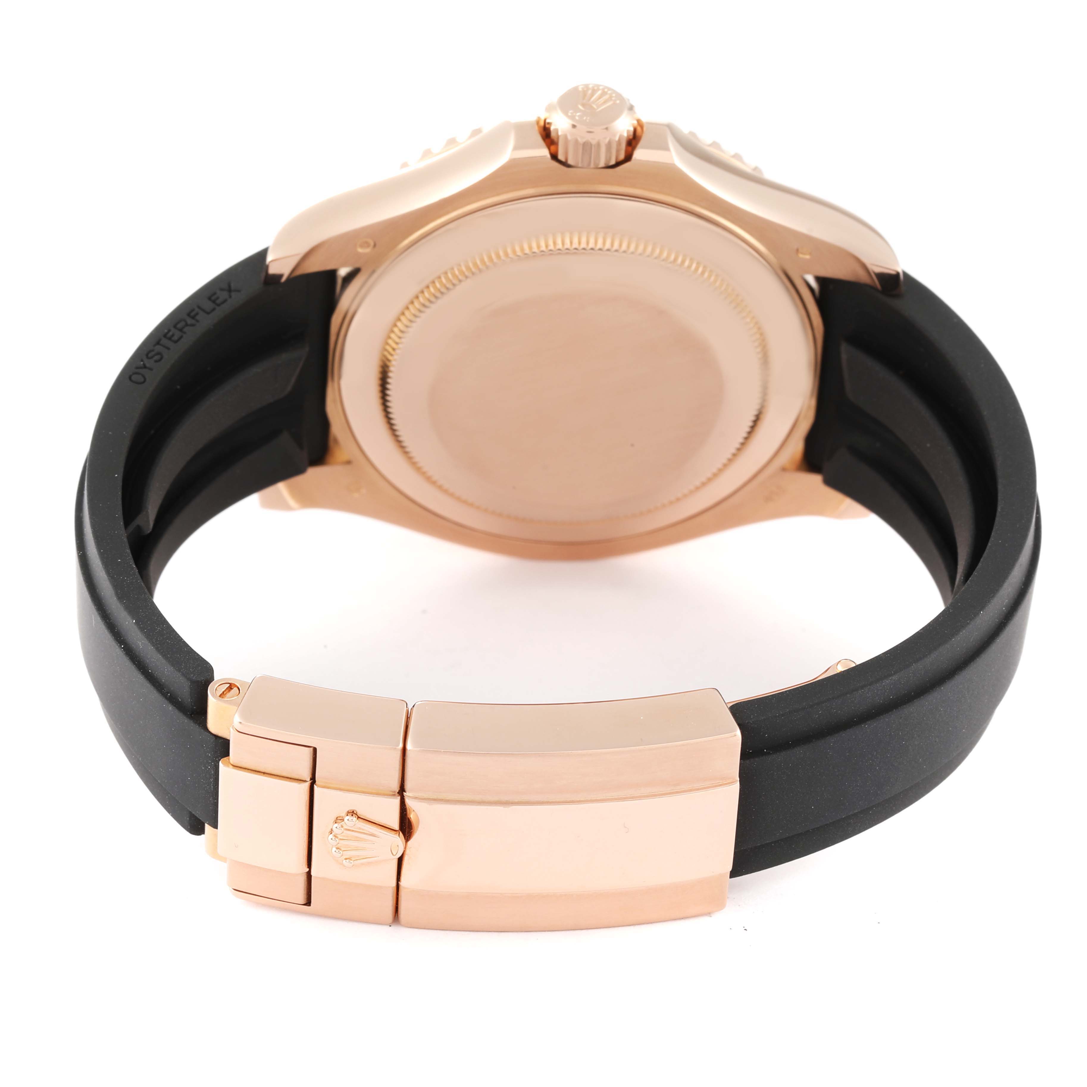 The image shows the back case, crown, and clasp of a Rolex Yacht-Master 116655 Men
s Rose Gold Black Dial 116655 Men
s Rose Gold Black Dial watch.