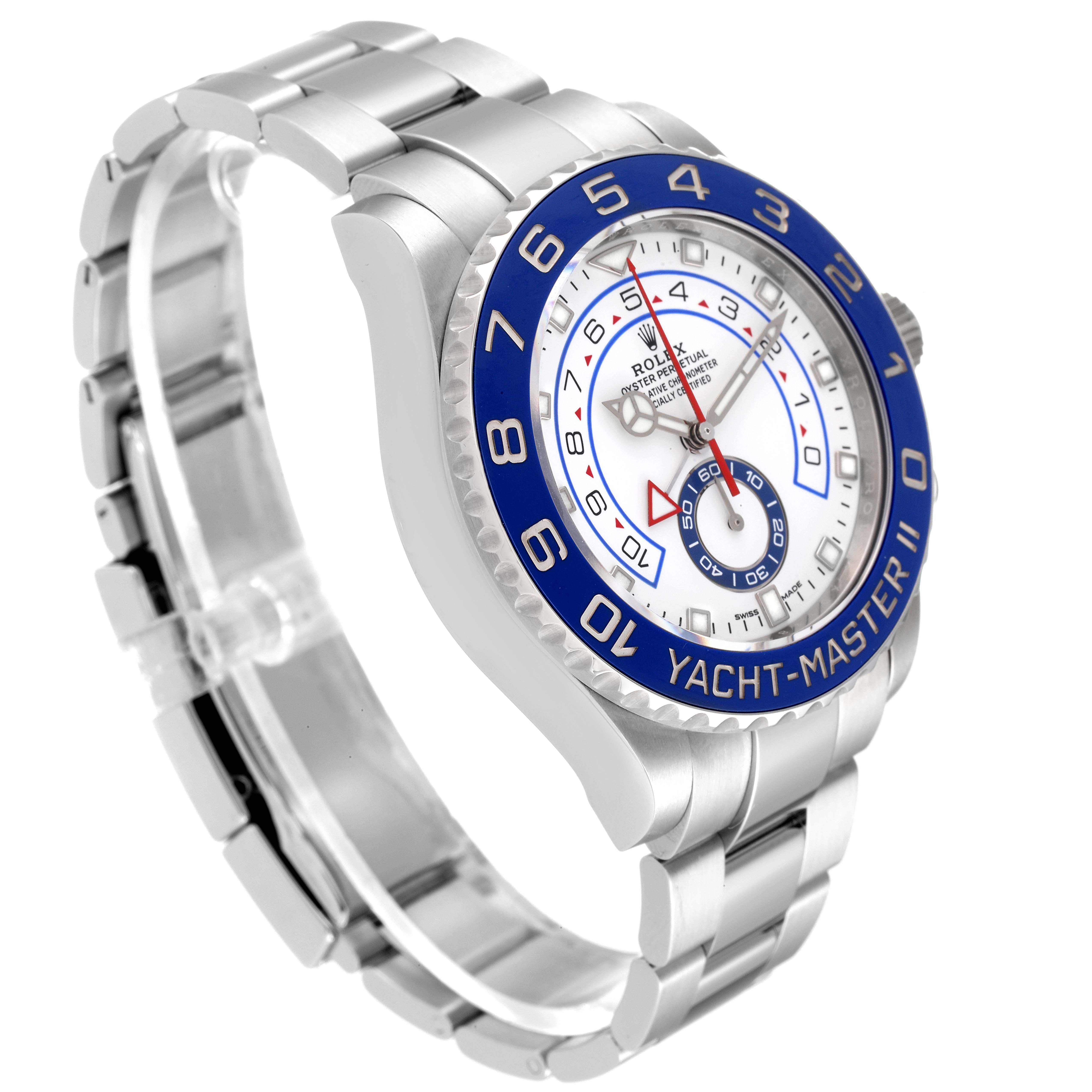 The image shows a side angle of the Rolex Yacht-Master 116680 Men's Stainless Steel White Dial 116680 Men's Stainless Steel White Dial II watch, focusing on the bezel, dial, and bracelet.