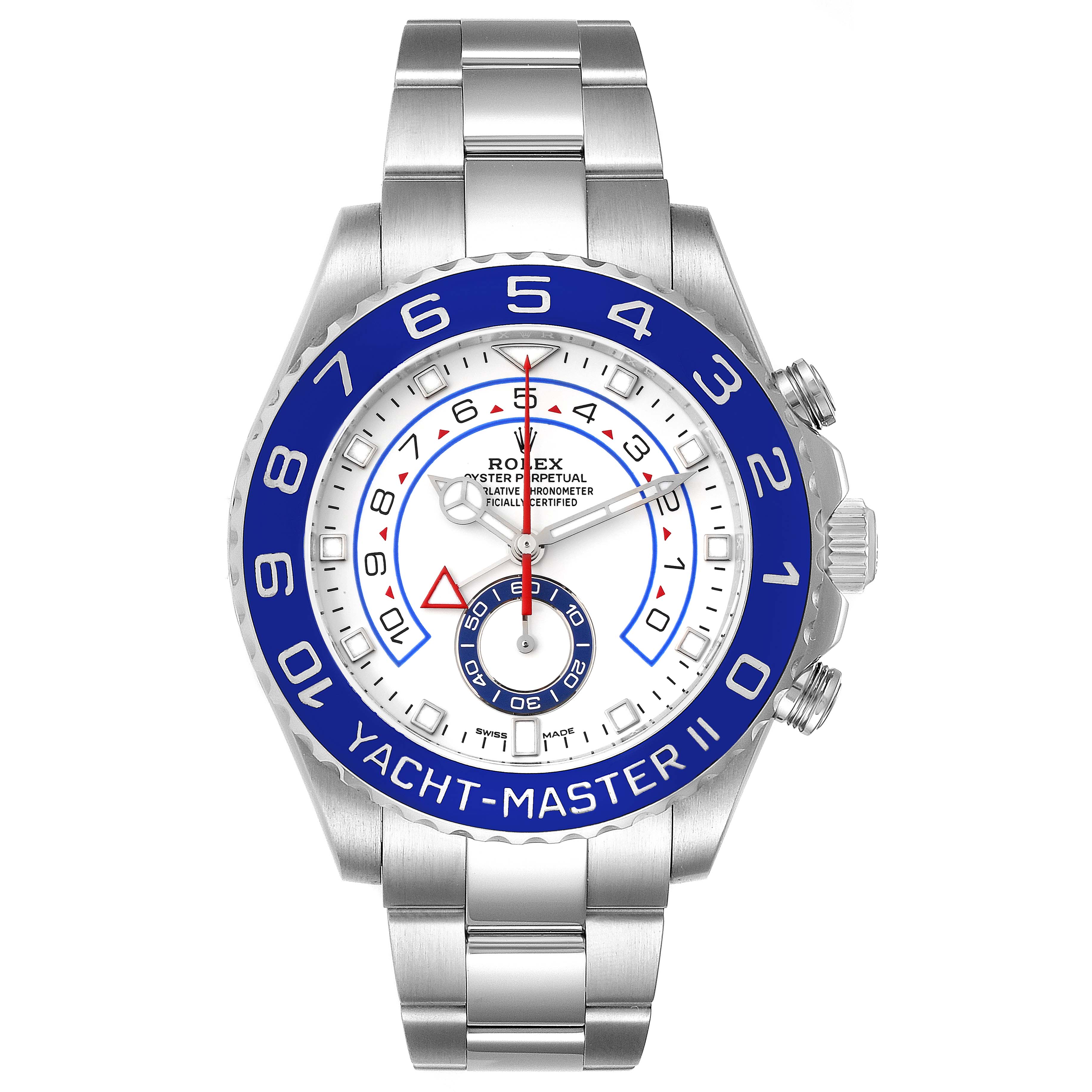 This image shows a front view of the Rolex Yacht-Master 116680 Men's Stainless Steel White Dial 116680 Men's Stainless Steel White Dial II watch, displaying its face, bezel, and bracelet.