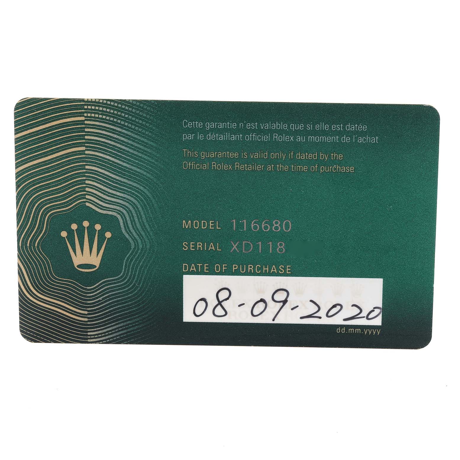 This image shows a Rolex warranty card for the Yacht-Master model 116680, with a purchase date of 08-09-2020.