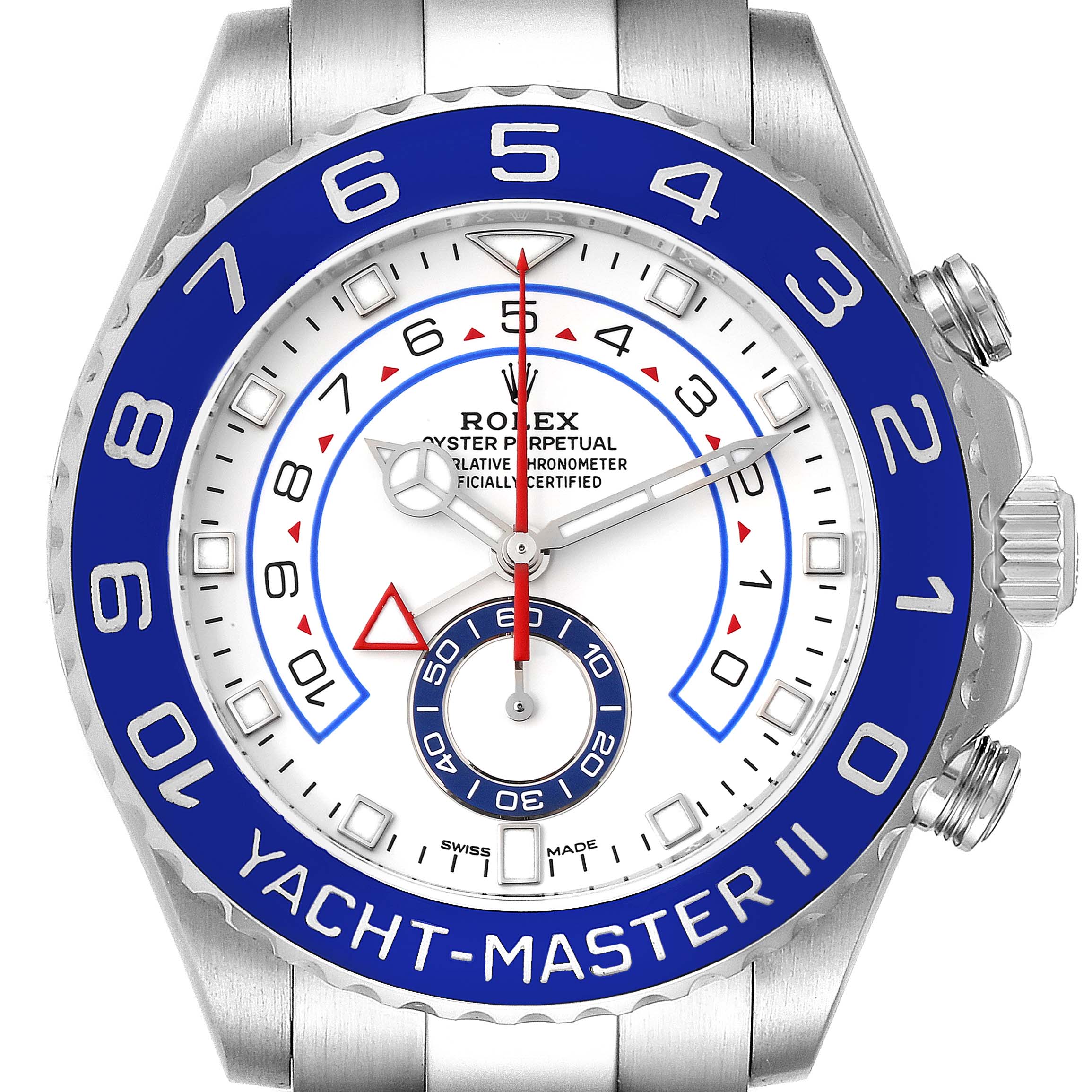 This image shows the front view of the Rolex Yacht-Master 116680 Men's Stainless Steel White Dial 116680 Men's Stainless Steel White Dial II watch, highlighting its blue bezel and white dial.