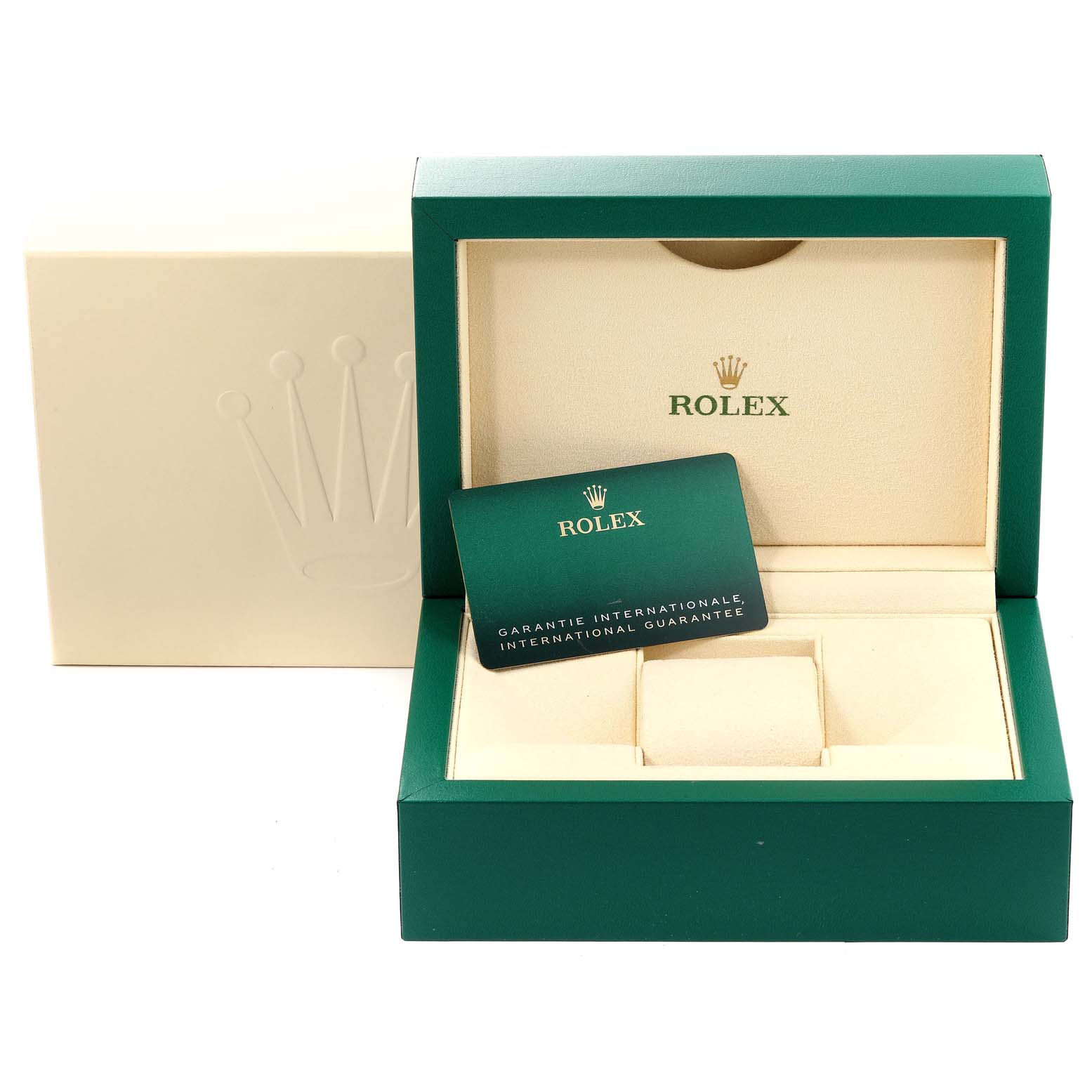 The image shows the packaging and international guarantee card for a Rolex Yacht-Master 116680 Men's Stainless Steel White Dial 116680 Men's Stainless Steel White Dial watch.