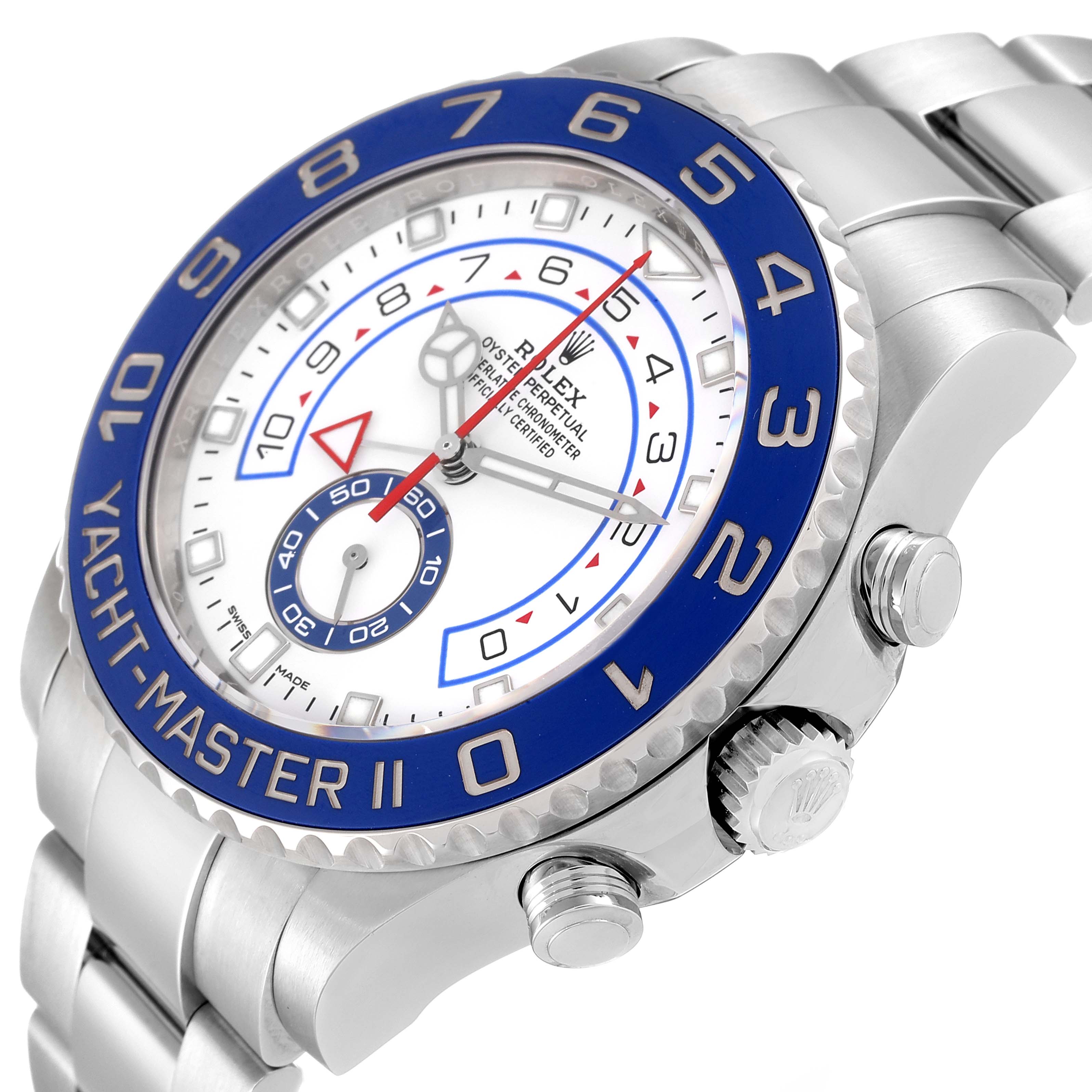 The image shows a close-up, angled view of the Rolex Yacht-Master 116680 Men's Stainless Steel White Dial 116680 Men's Stainless Steel White Dial II watch, highlighting the face, bezel, and side buttons.