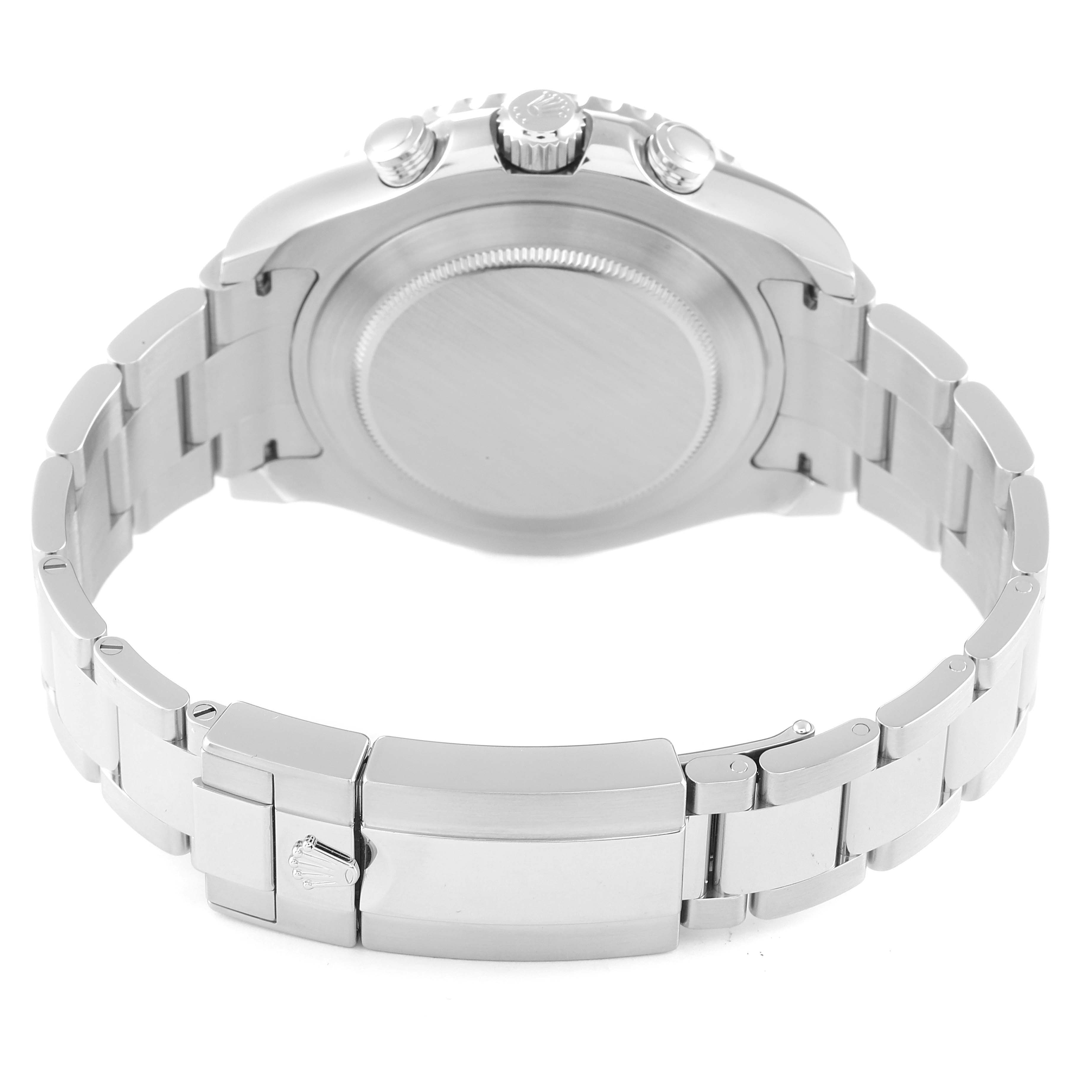 This image shows the back view of the Rolex Yacht-Master 116680 Men's Stainless Steel White Dial 116680 Men's Stainless Steel White Dial watch, highlighting the caseback and the bracelet with the clasp.
