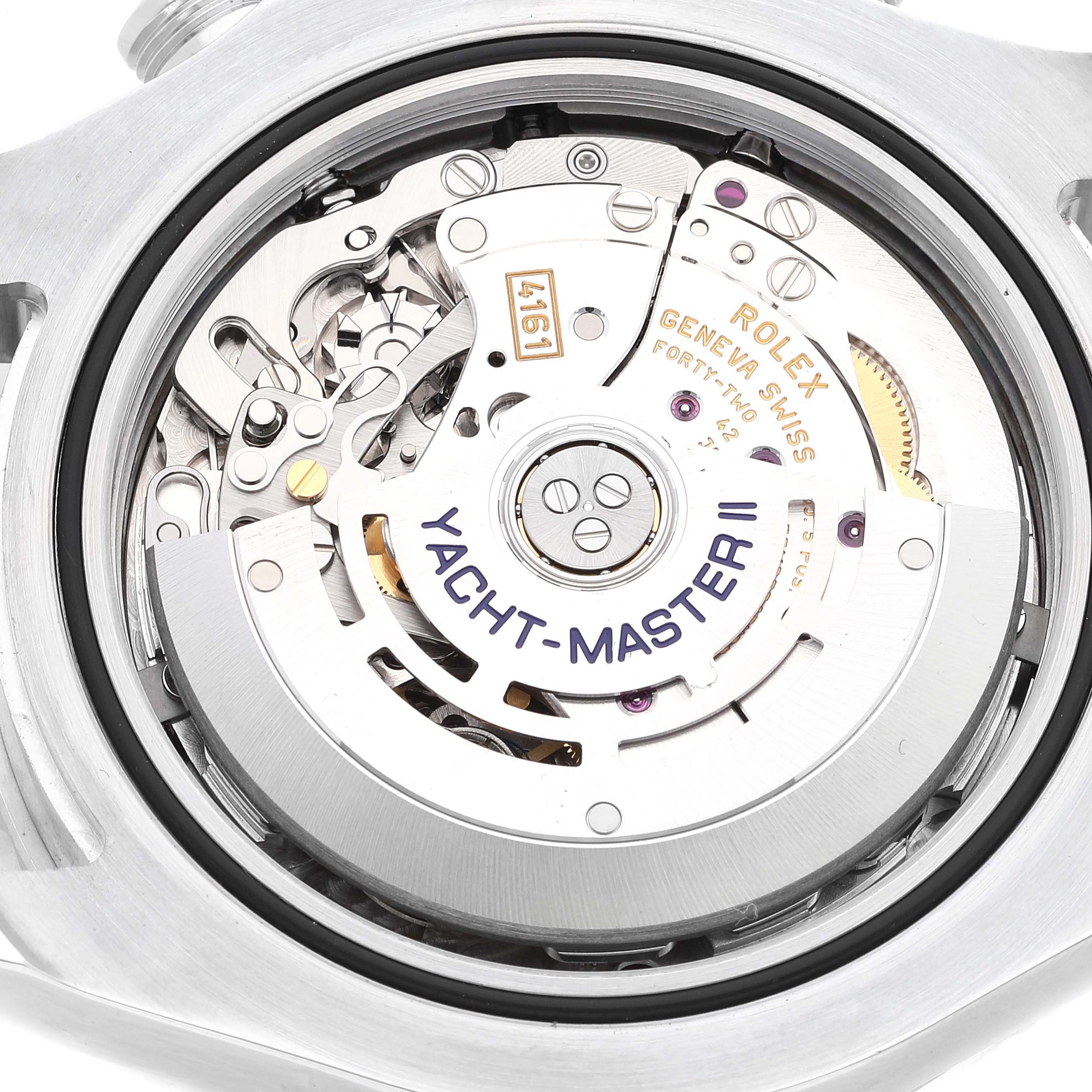 This image shows the back view of the Rolex Yacht-Master 116680 Men's Stainless Steel White Dial 116680 Men's Stainless Steel White Dial model, focusing on its intricate movement and rotor.