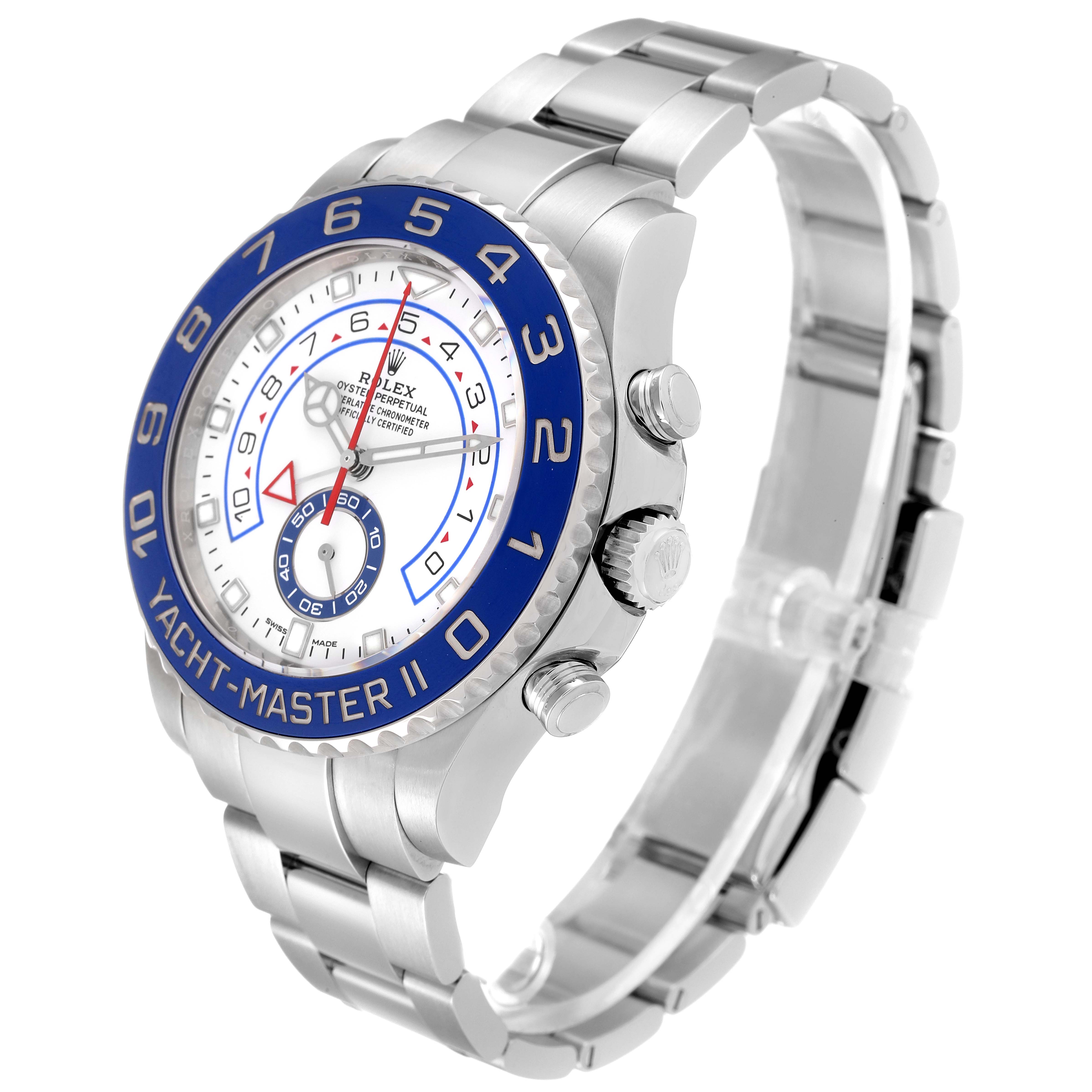 The image shows a Rolex Yacht-Master 116680 Men's Stainless Steel White Dial 116680 Men's Stainless Steel White Dial II watch at a three-quarter angle, displaying the face, bezel, crown, and bracelet.