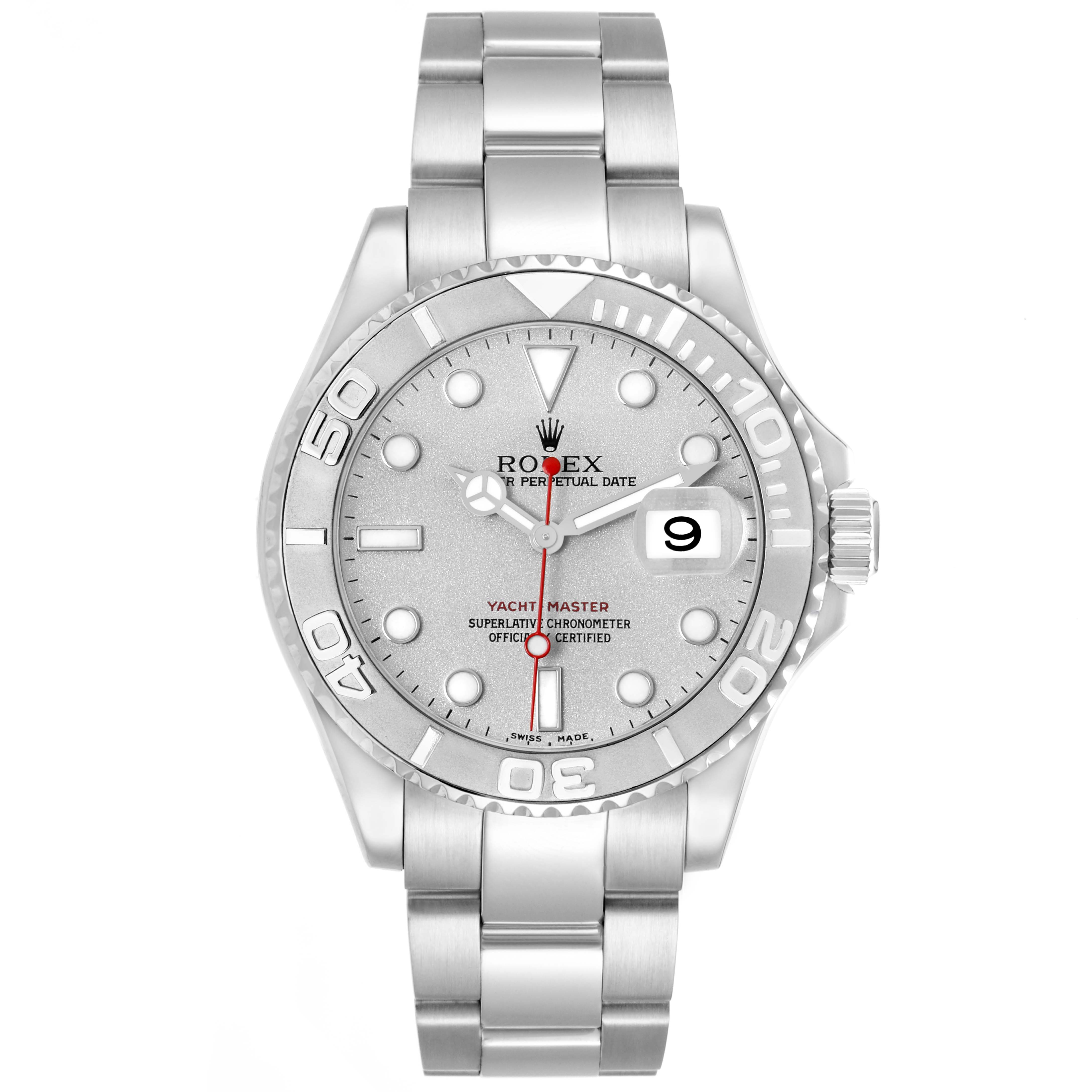 The Rolex Yacht-Master model 16622 is shown from a front view, highlighting its bezel, dial, hands, and bracelet.