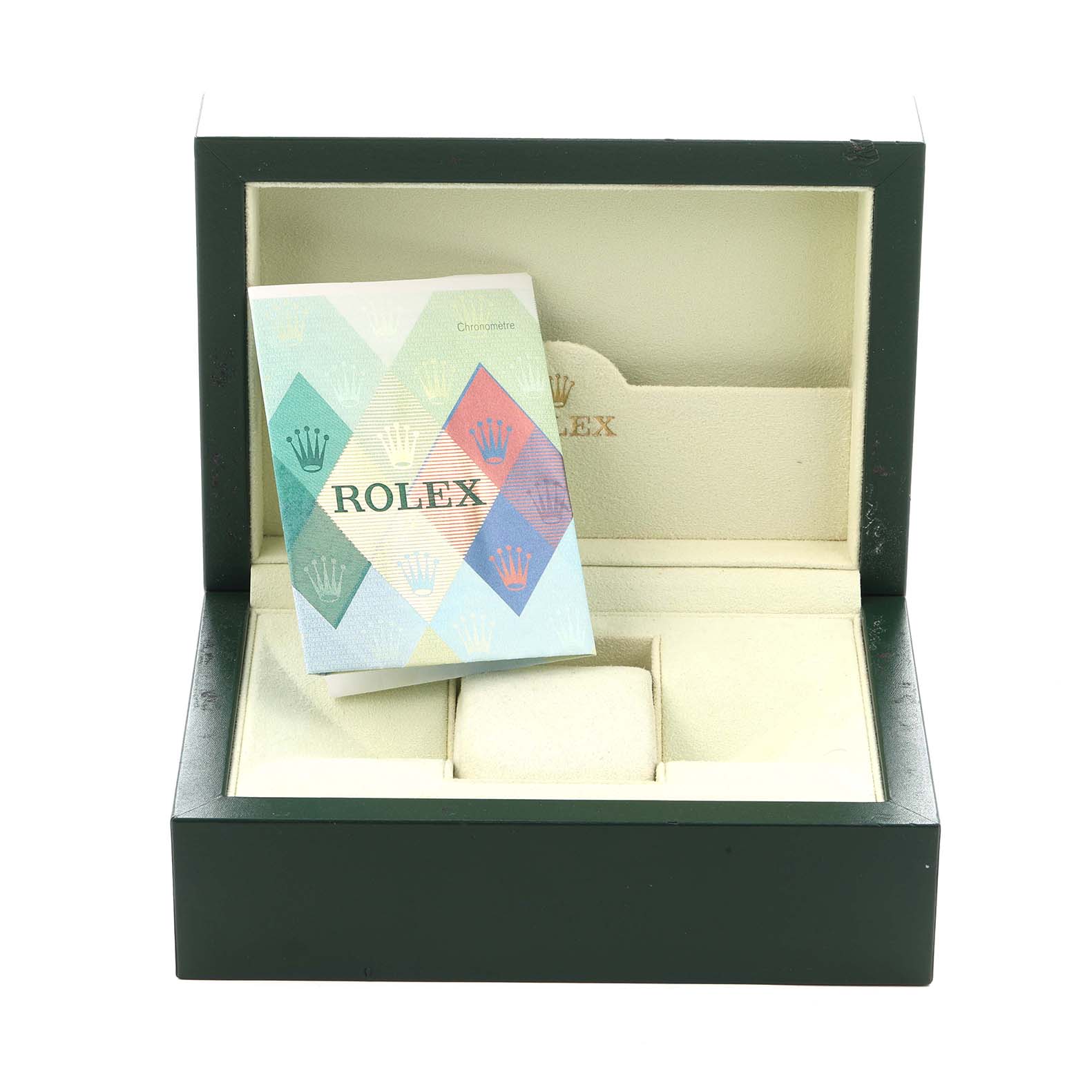 The image shows a Rolex Yacht-Master model 16622 watch box and booklet, viewed from the front with an open lid displaying the interior compartments.