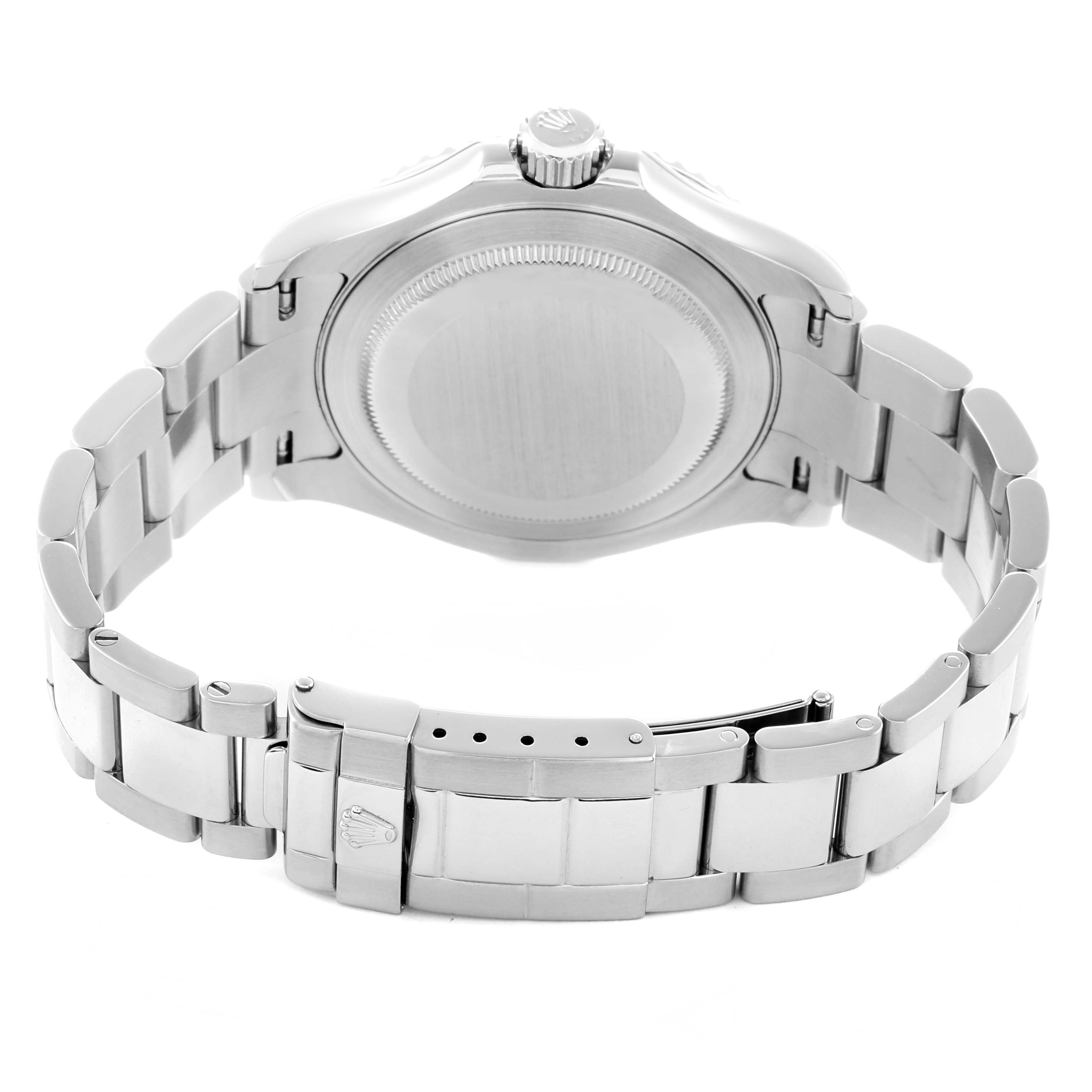 The image shows the back view of a Rolex Yacht-Master model 16622 men
s watch, highlighting the case back, crown, and bracelet with clasp.
