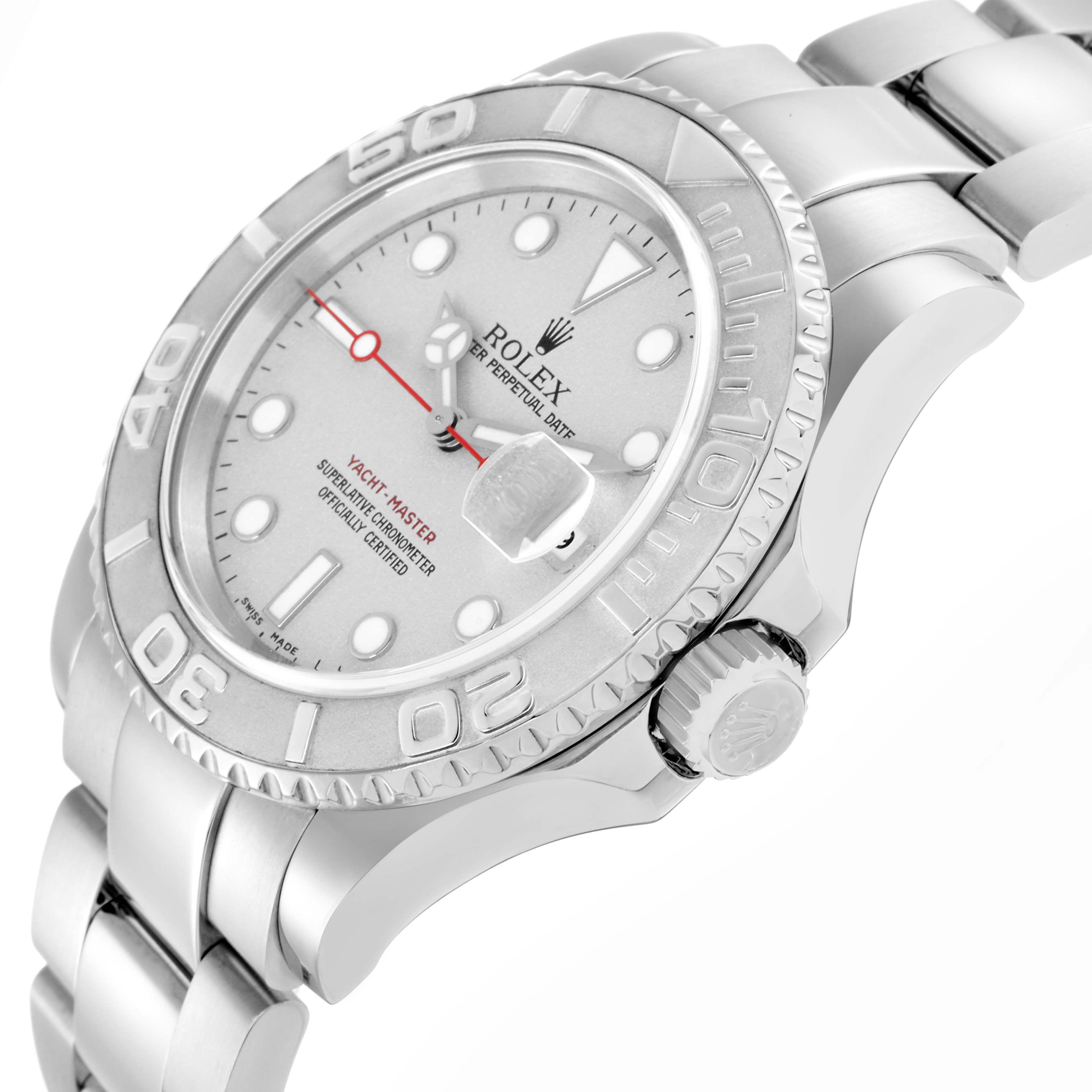 The Rolex Yacht-Master model 16622 is shown at an angle focusing on the face, bezel, crown, and part of the bracelet.