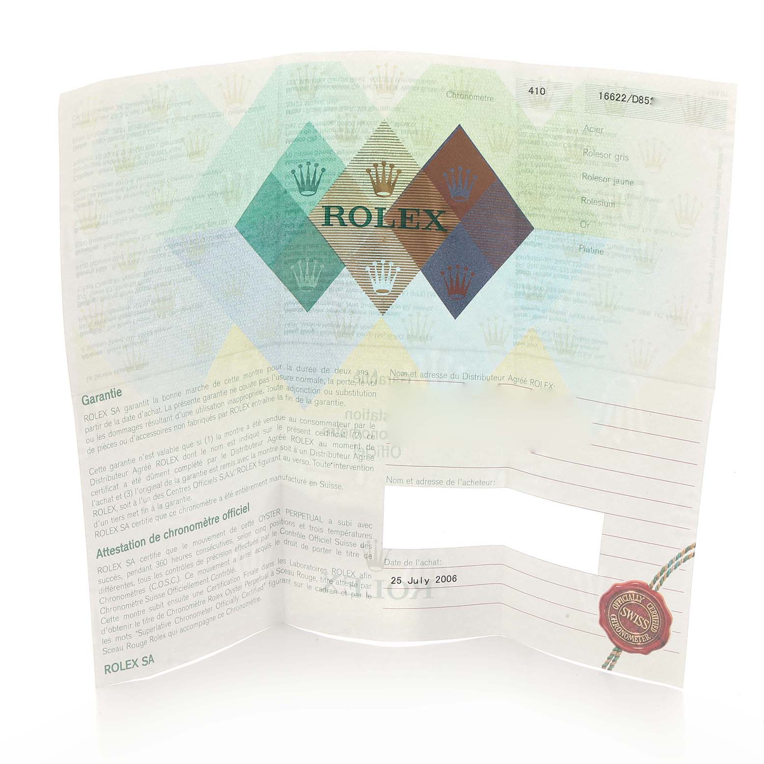 The image shows a warranty certificate for the Rolex Yacht-Master model, model number 16622, with text and decorative Rolex branding.