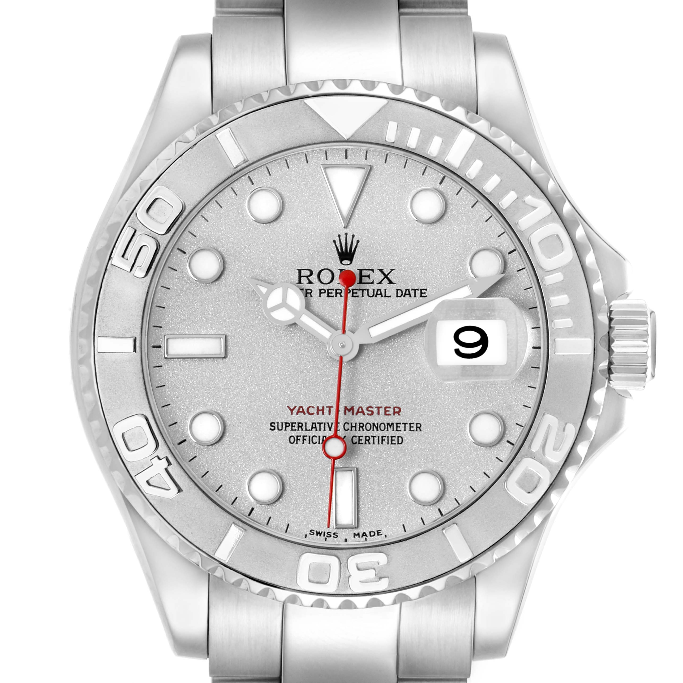 The image shows a frontal view of the Rolex Yacht-Master model 16622, highlighting the dial, bezel, hands, crown, and bracelet.