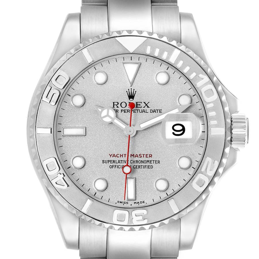 The image shows a frontal view of the Rolex Yacht-Master model 16622, highlighting the dial, bezel, hands, crown, and bracelet.