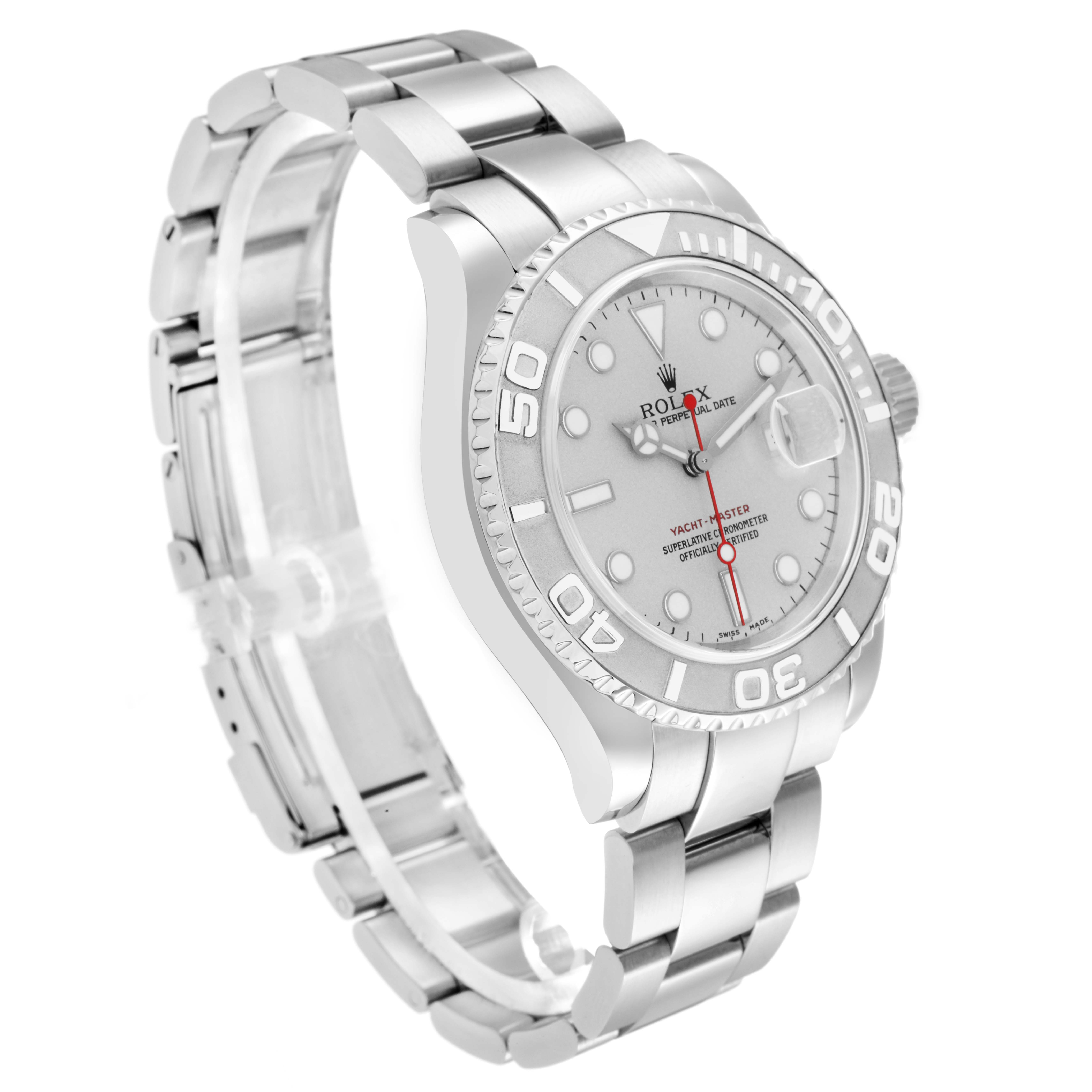 The Rolex Yacht-Master model 16622 is shown at an angle highlighting the face, bezel, and bracelet, displaying its distinctive features and markings.