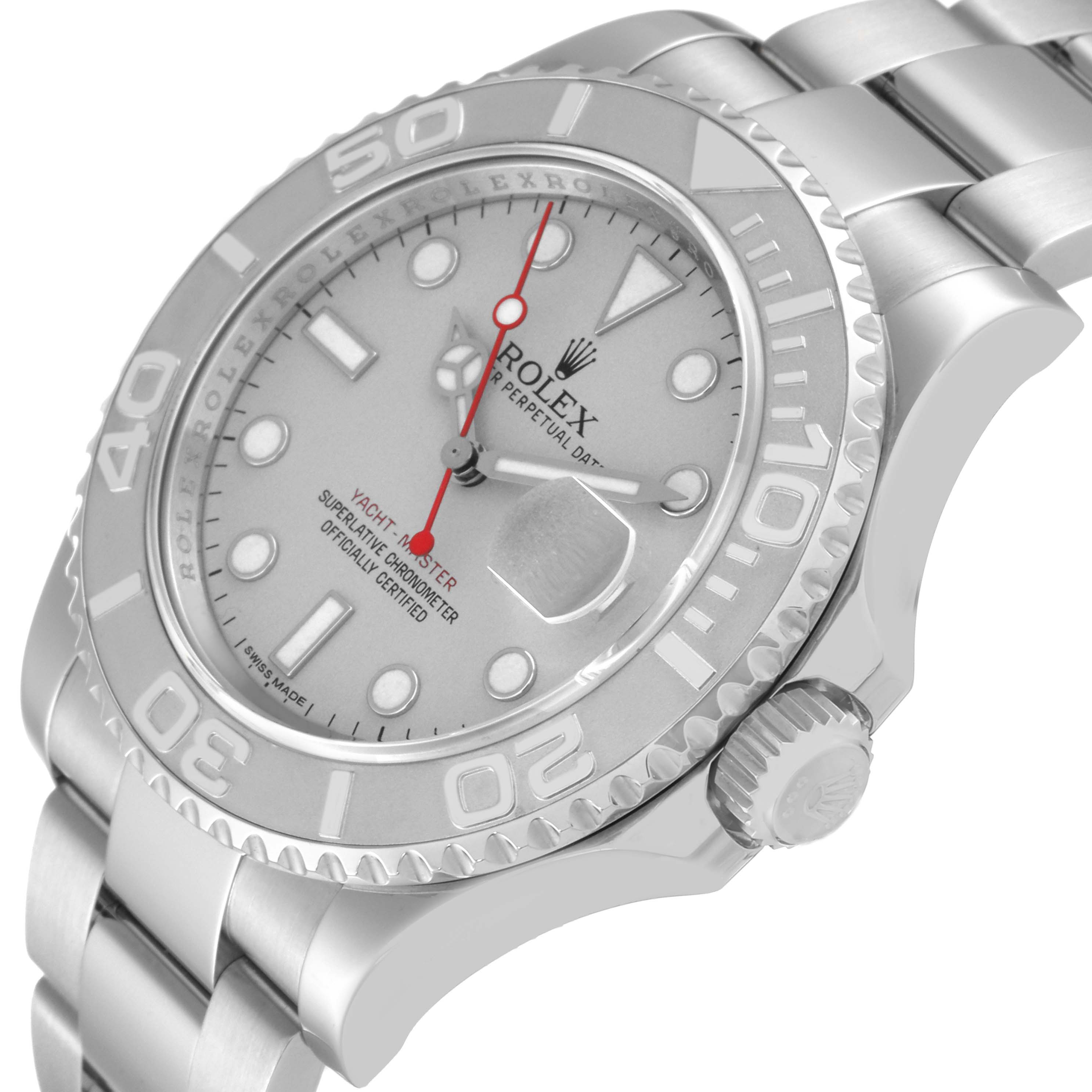 The Rolex Yacht-Master 116622 Men
s Stainless Steel Silver Dial 116622 Men
s Stainless Steel Silver Dial watch is shown at an angled close-up, highlighting its dial, bezel, crown, and part of the bracelet.