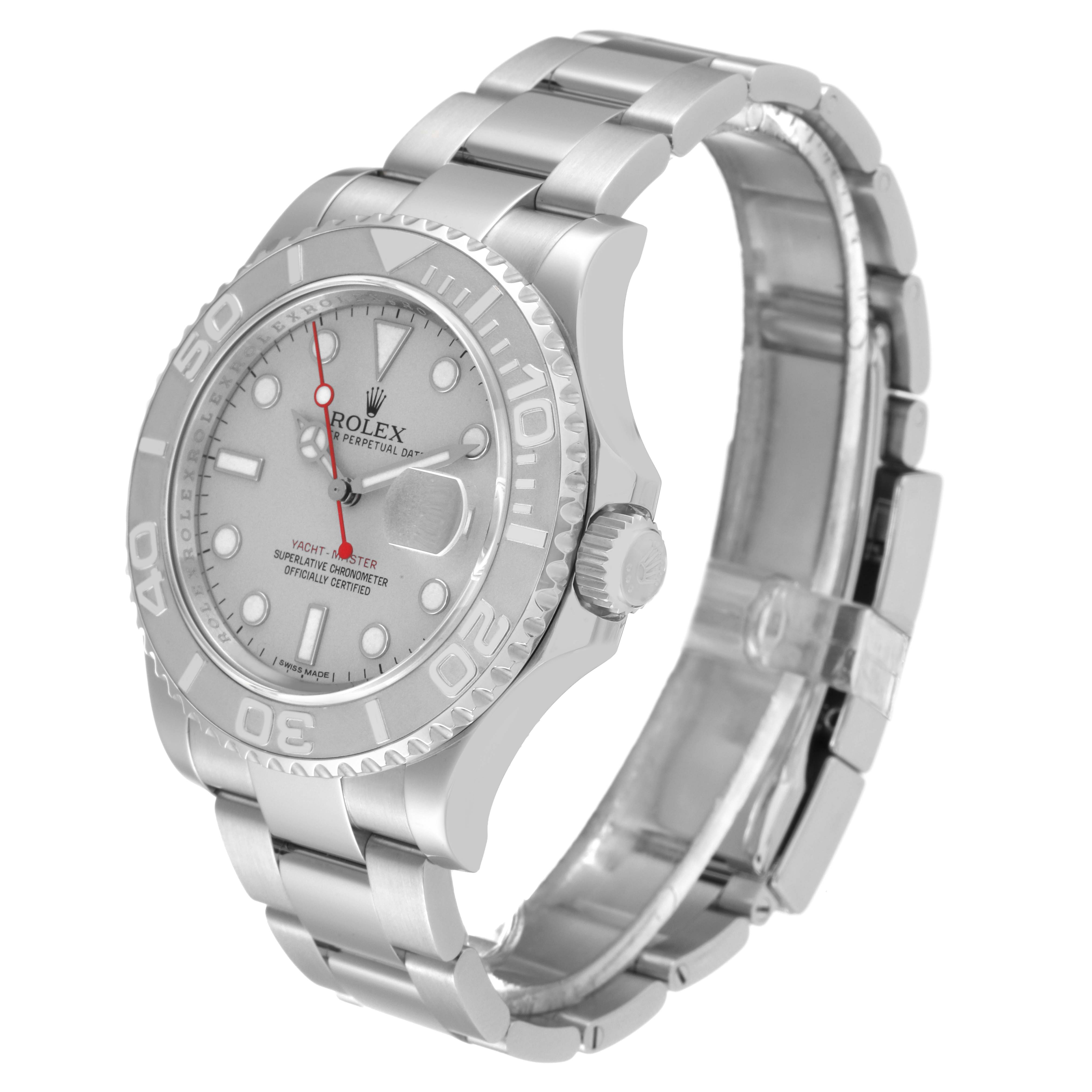The Rolex Yacht-Master 116622 Men
s Stainless Steel Silver Dial 116622 Men
s Stainless Steel Silver Dial watch is shown at an angle displaying its face, bezel, crown, and bracelet.