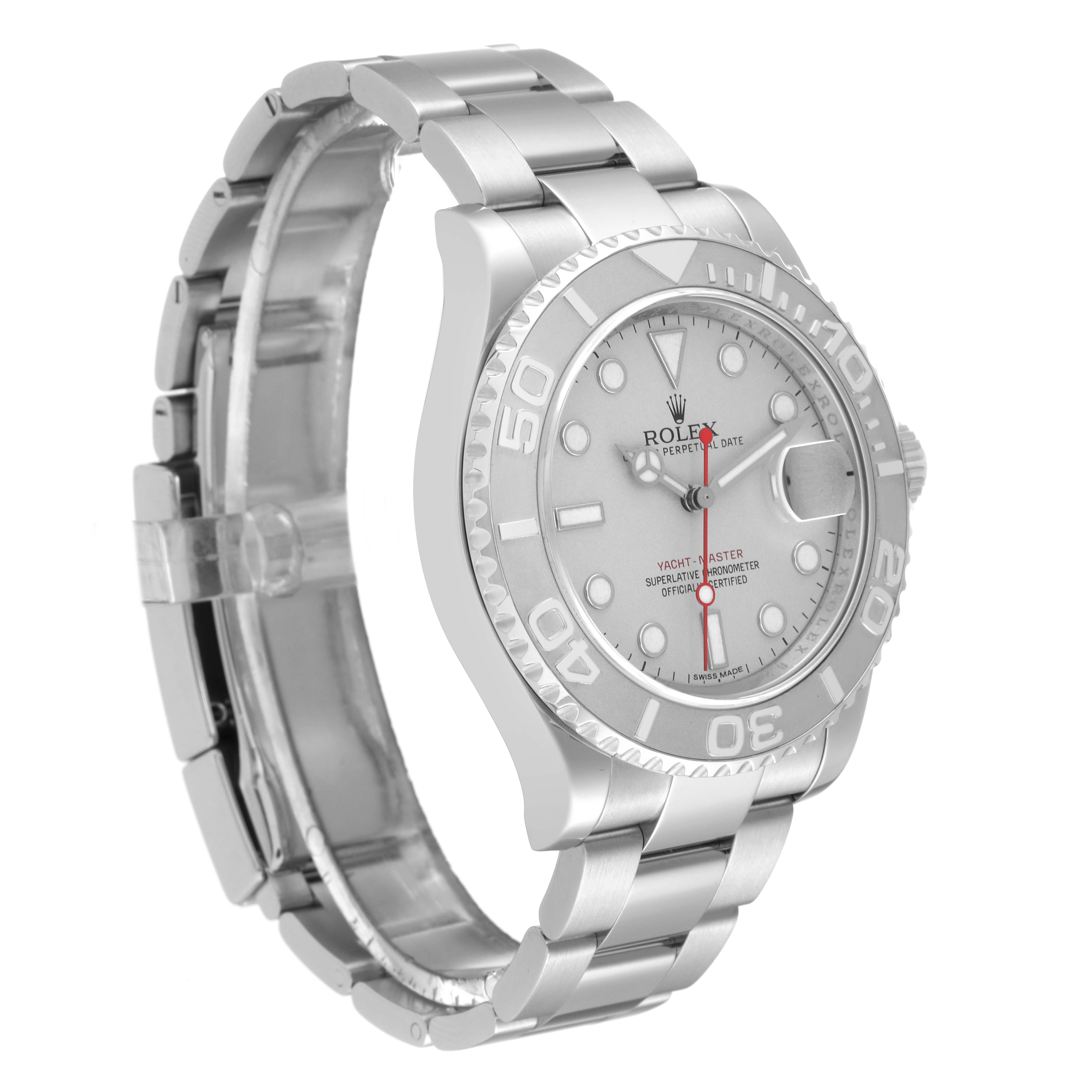 The image shows a side view of the Yacht-Master model by Rolex, highlighting the watch face, bezel, case, and bracelet.