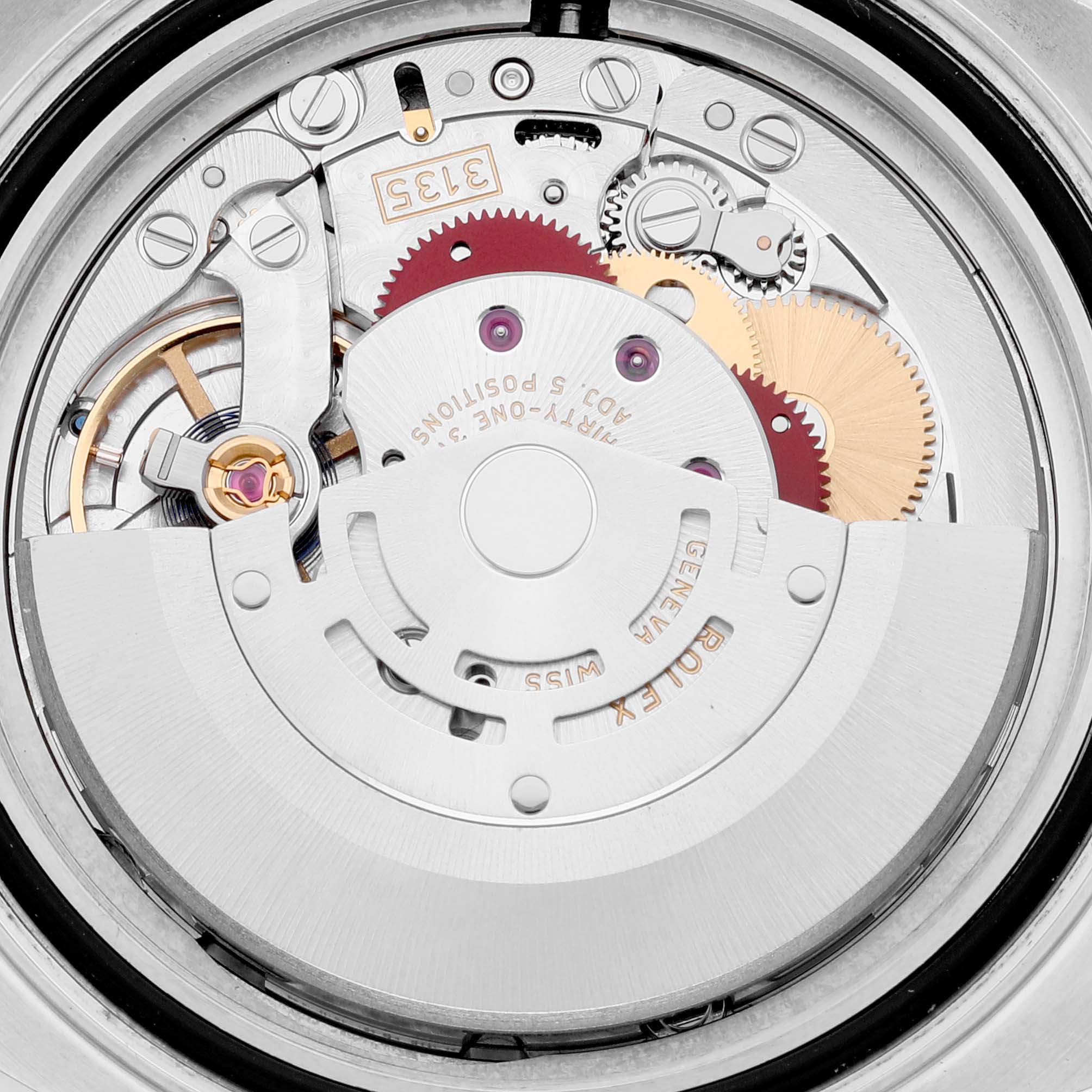 The image shows the internal mechanism of a Rolex Yacht-Master 116622 Men
s Stainless Steel Silver Dial 116622 Men
s Stainless Steel Silver Dial watch from a close-up, focusing on the movement and rotor.