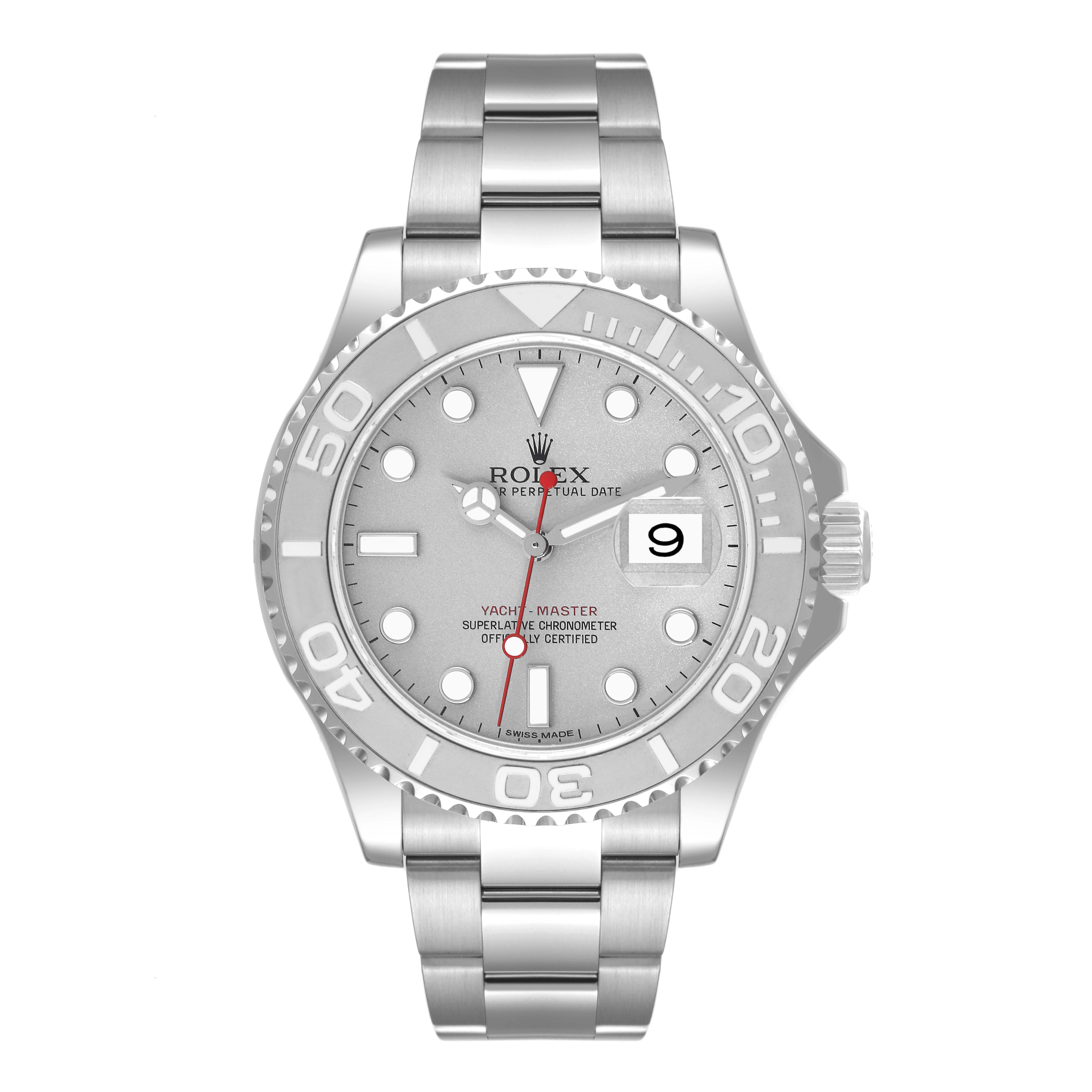 This image shows a frontal view of the Rolex Yacht-Master 116622 Men
s Stainless Steel Silver Dial 116622 Men
s Stainless Steel Silver Dial watch, highlighting the dial, bezel, date display, and bracelet.