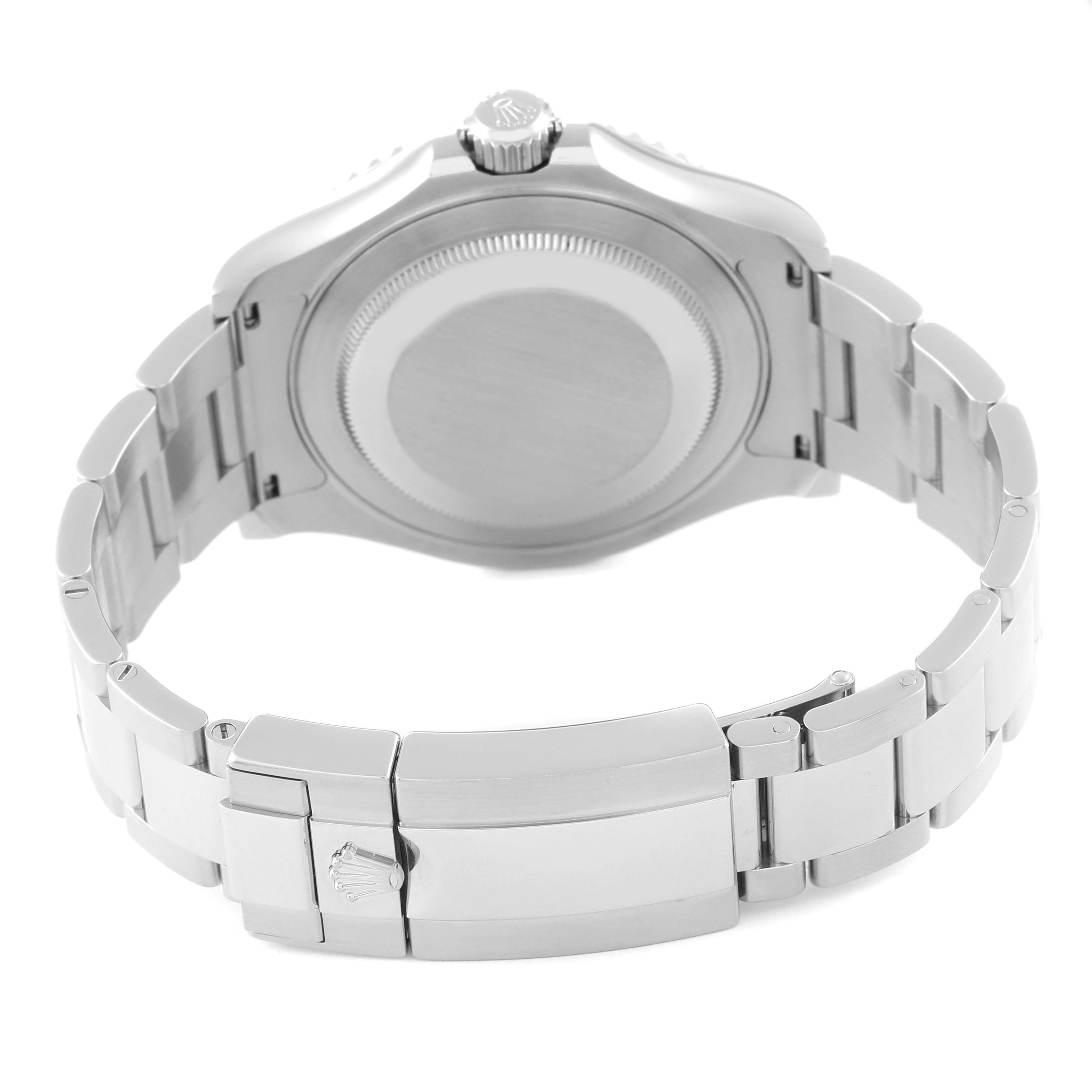 The image shows the back case and bracelet of a Rolex Yacht-Master 116622 Men
s Stainless Steel Silver Dial 116622 Men
s Stainless Steel Silver Dial watch from a rear angle.