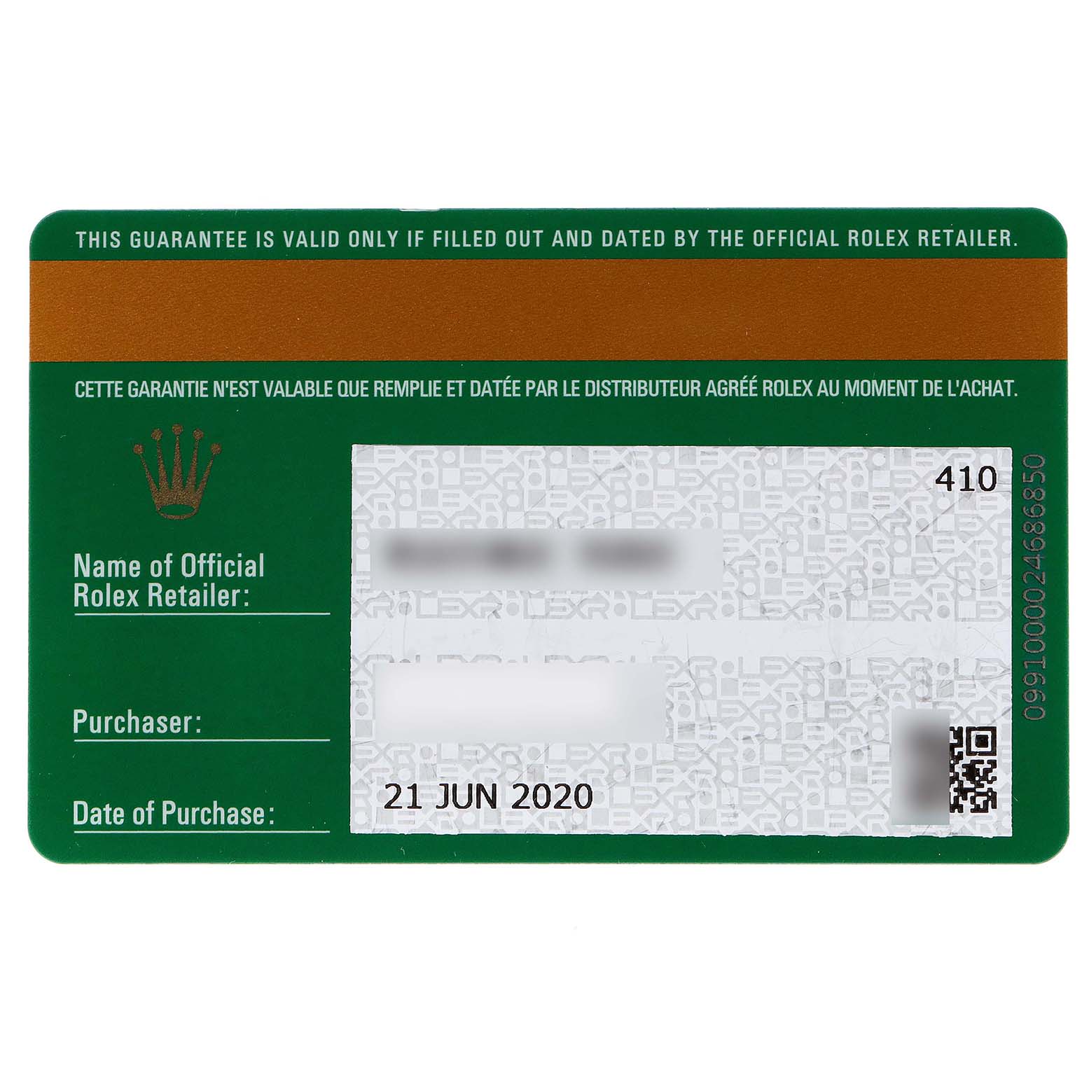 Image shows a Rolex guarantee card with details of the Yacht-Master model purchase from an official retailer.