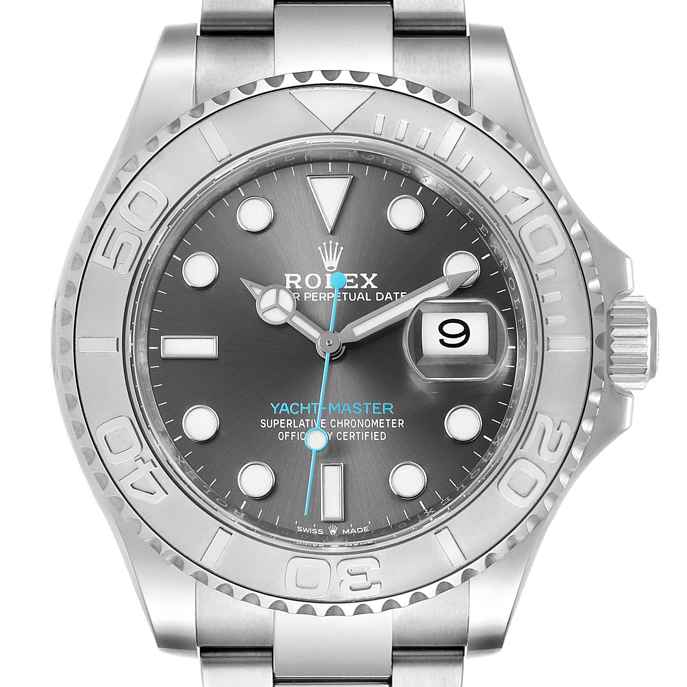 This image shows a front view of a Rolex Yacht-Master 126622 Men
s Stainless Steel Grey Dial 126622 Men
s Stainless Steel Grey Dial watch, highlighting its dial, bezel, and crown.