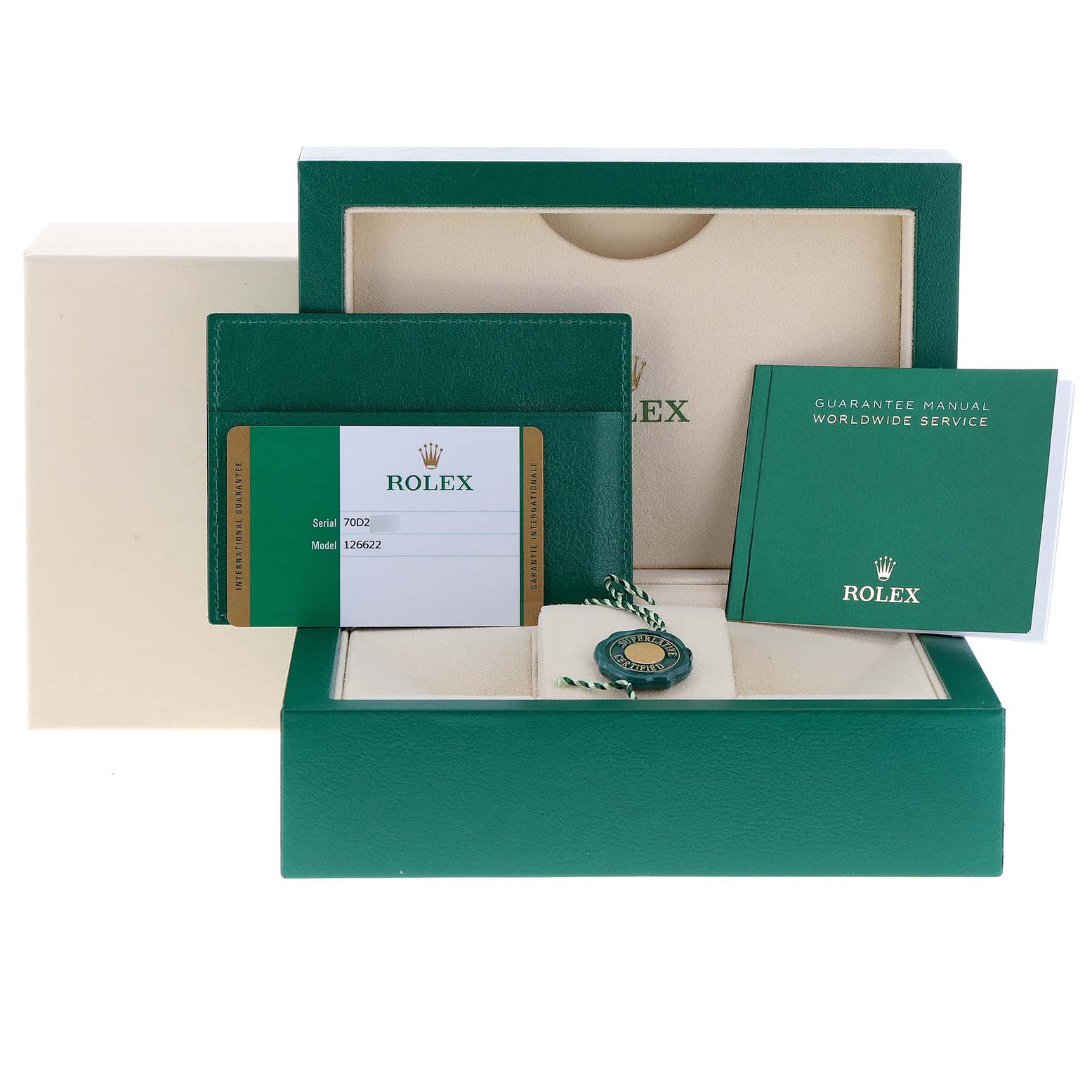 The image includes the box, certificate, guarantee manual, and tag for the Rolex Yacht-Master 126622 Men
s Stainless Steel Grey Dial 126622 Men
s Stainless Steel Grey Dial model.