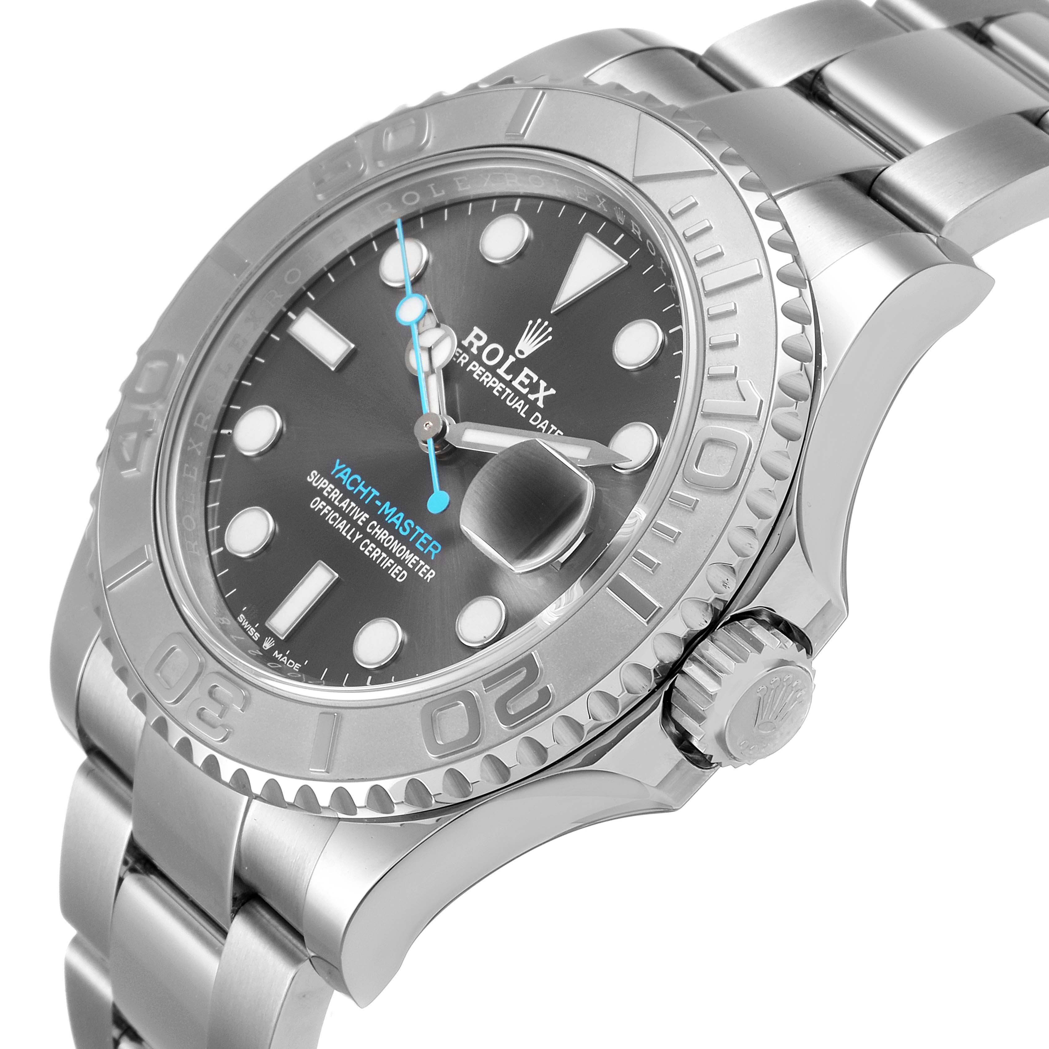 The image shows a side angle view of a Rolex Yacht-Master 126622 Men
s Stainless Steel Grey Dial 126622 Men
s Stainless Steel Grey Dial watch, highlighting the bezel, crown, and part of the bracelet.