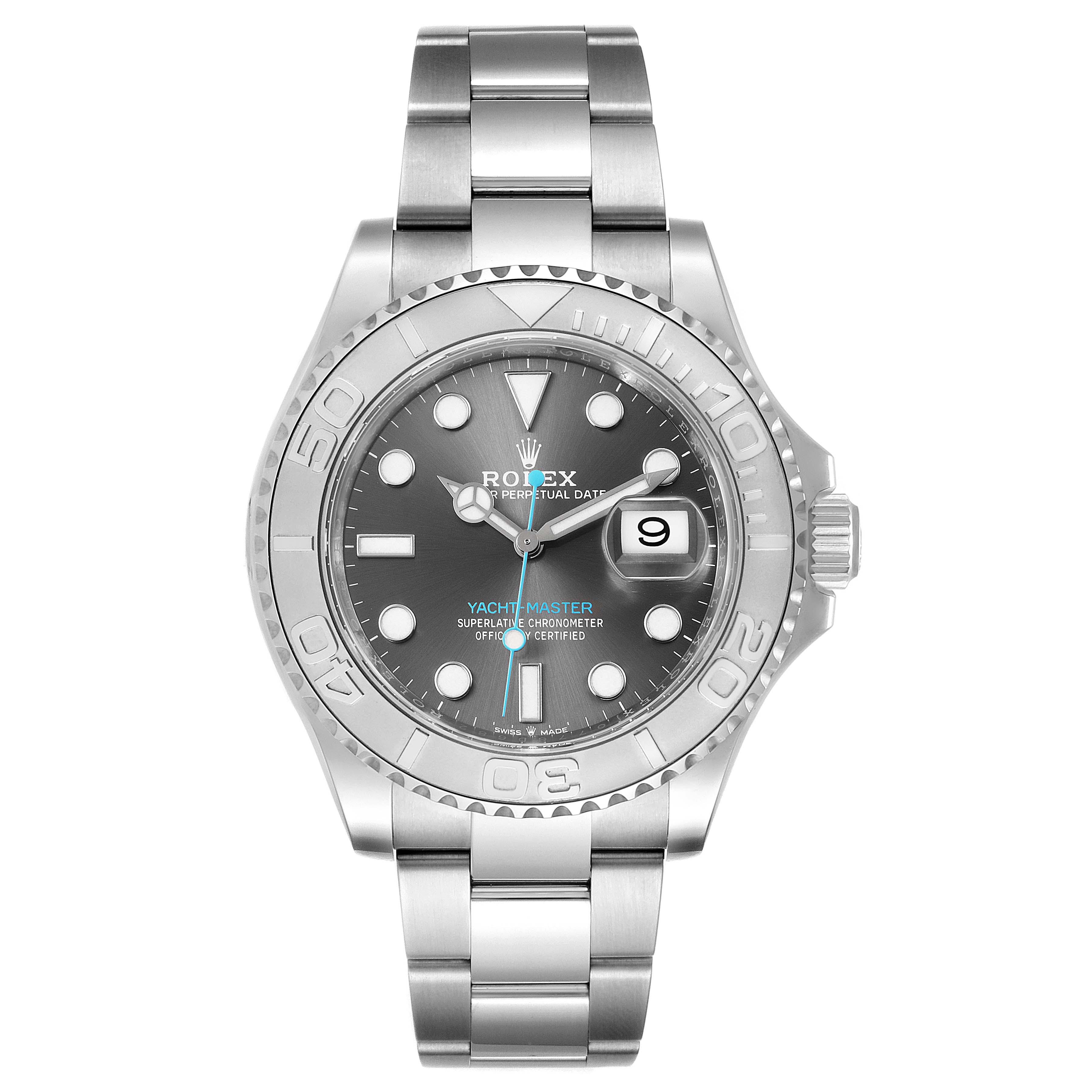 The image shows a front view of a Rolex Yacht-Master 126622 Men
s Stainless Steel Grey Dial 126622 Men
s Stainless Steel Grey Dial watch displaying the dial, bezel, and bracelet.