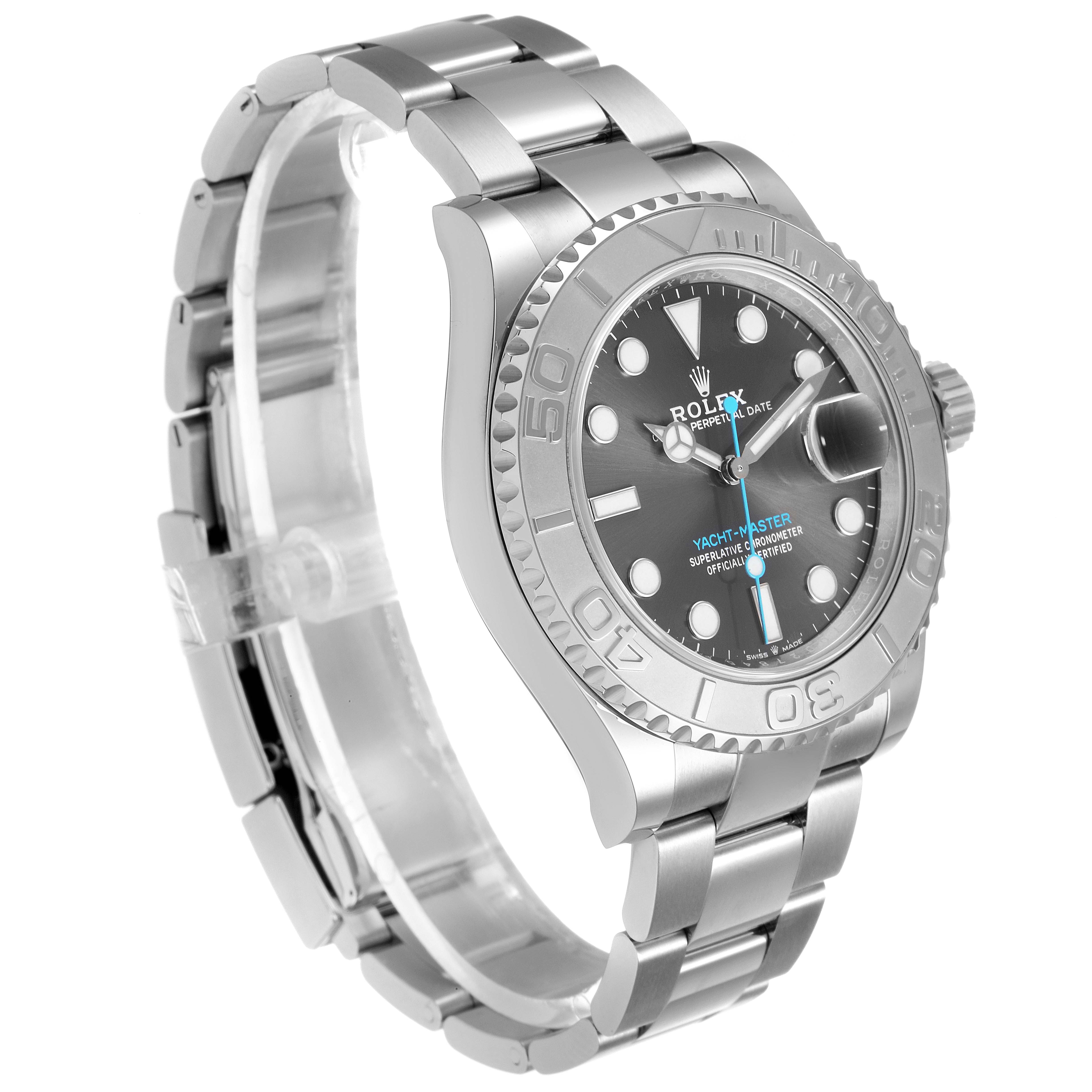 This Rolex Yacht-Master 126622 Men
s Stainless Steel Grey Dial 126622 Men
s Stainless Steel Grey Dial watch is shown at an angle, displaying its dial, bezel, crown, and bracelet.