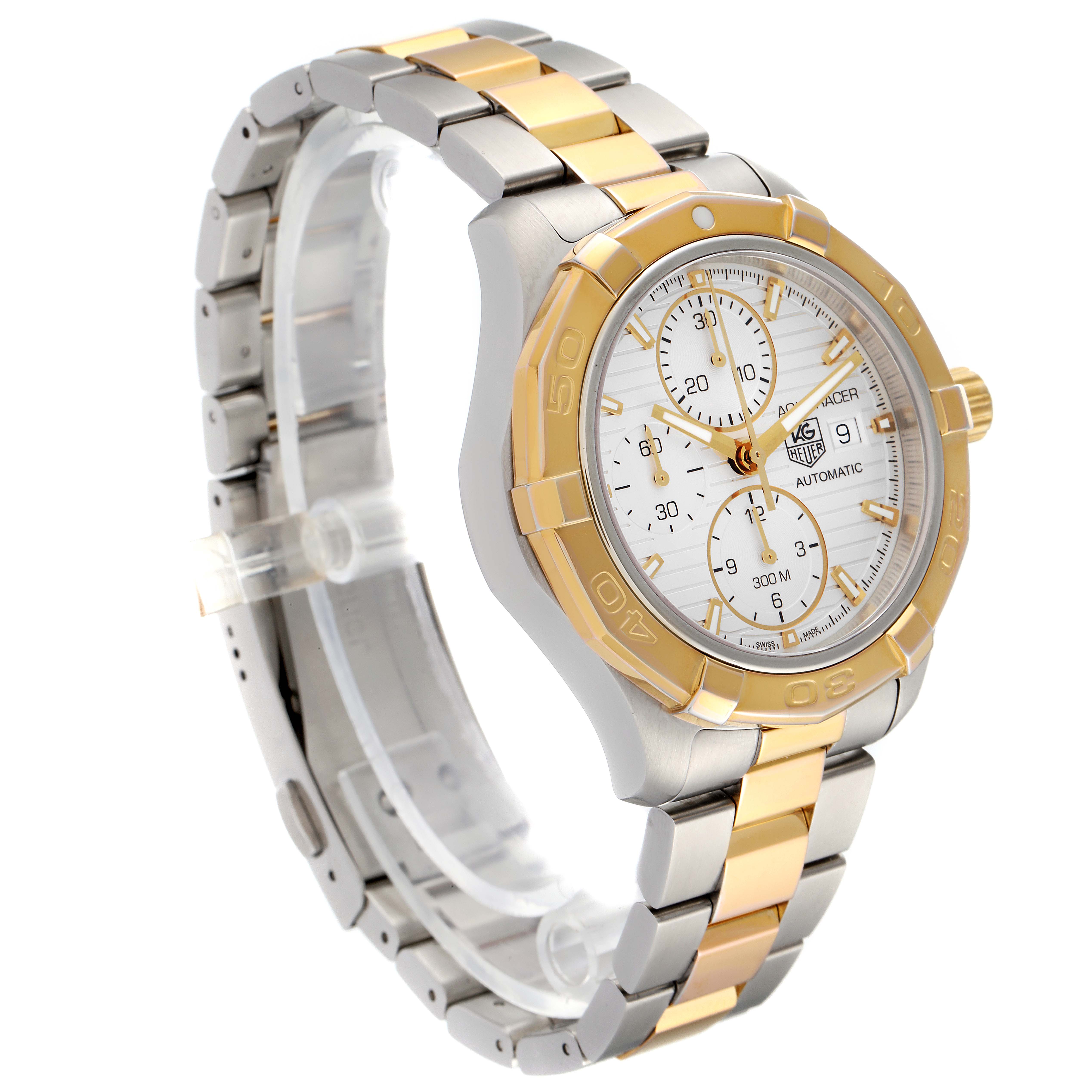 The Tag Heuer Aquaracer CAP2120.BB0834 Men's Steel and Gold (two tone) Silver Dial CAP2120.BB0834 Men's Steel and Gold (two tone) Silver Dial watch is shown at a three-quarter angle, highlighting its gold and silver bracelet and dial.