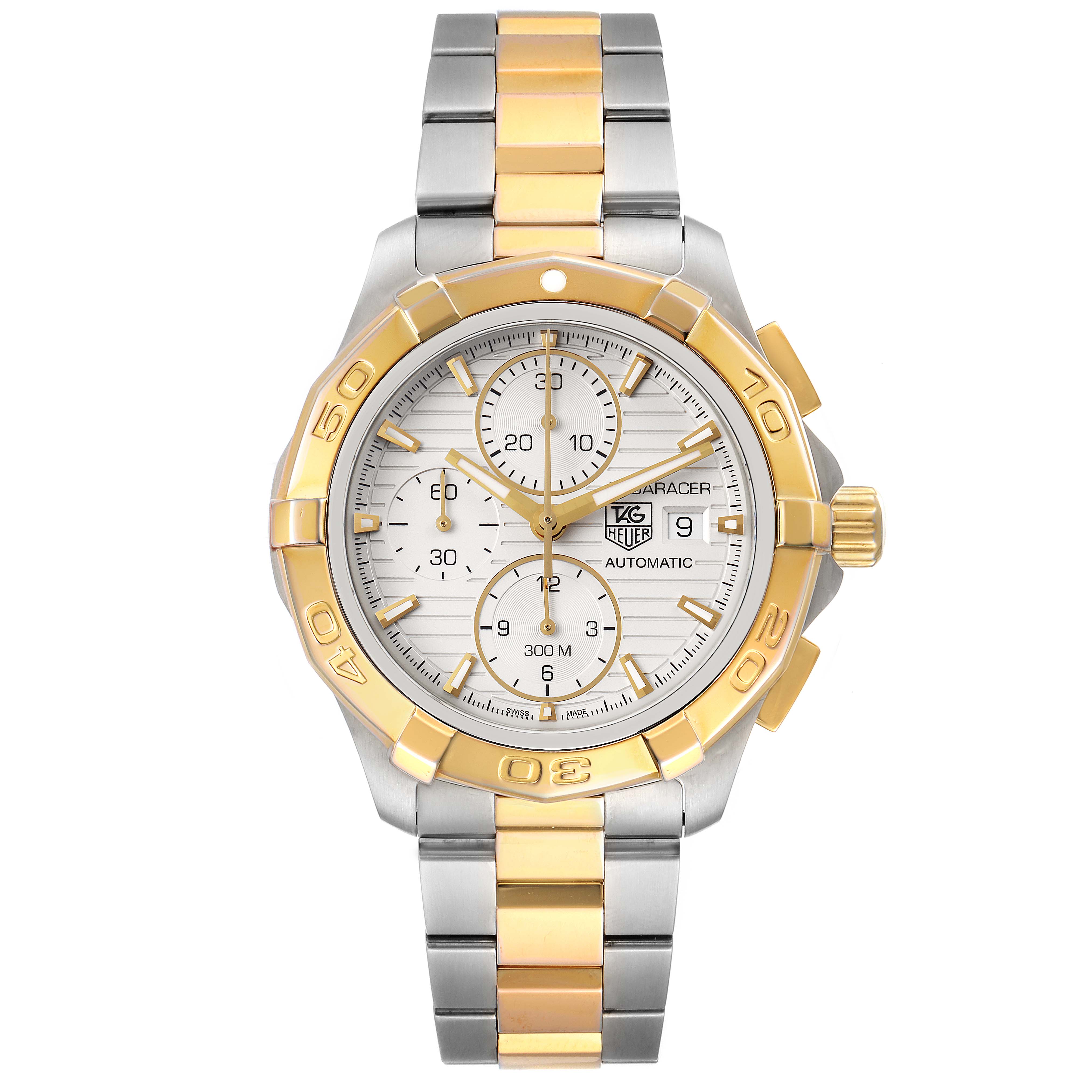 This Tag Heuer Aquaracer CAP2120.BB0834 Men's Steel and Gold (two tone) Silver Dial CAP2120.BB0834 Men's Steel and Gold (two tone) Silver Dial watch is shown from the front, displaying the face, bezel, subdials, and bracelet.