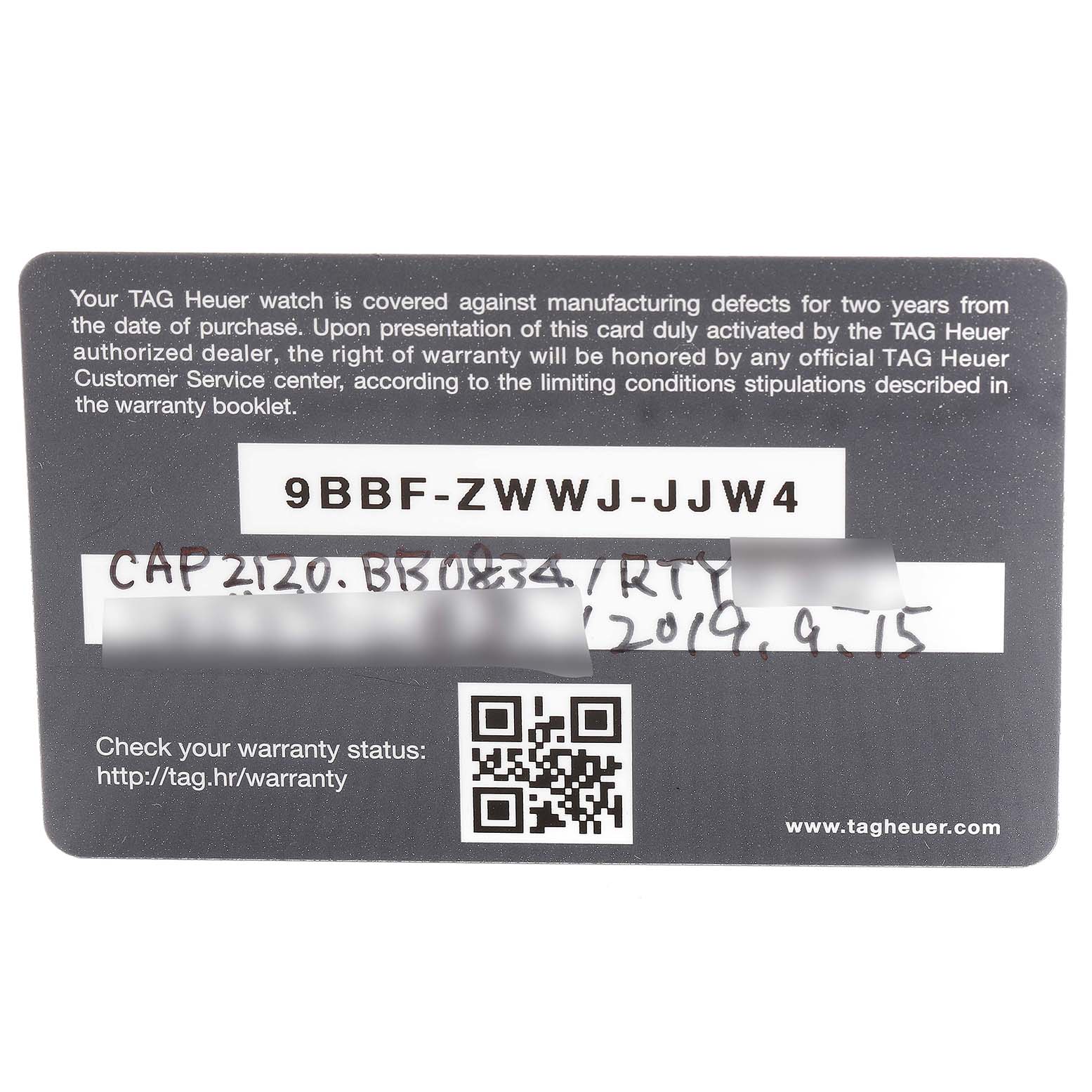 The image shows a warranty card for the Tag Heuer Aquaracer CAP2120.BB0834 Men's Steel and Gold (two tone) Silver Dial CAP2120.BB0834 Men's Steel and Gold (two tone) Silver Dial watch, displaying text and a QR code.