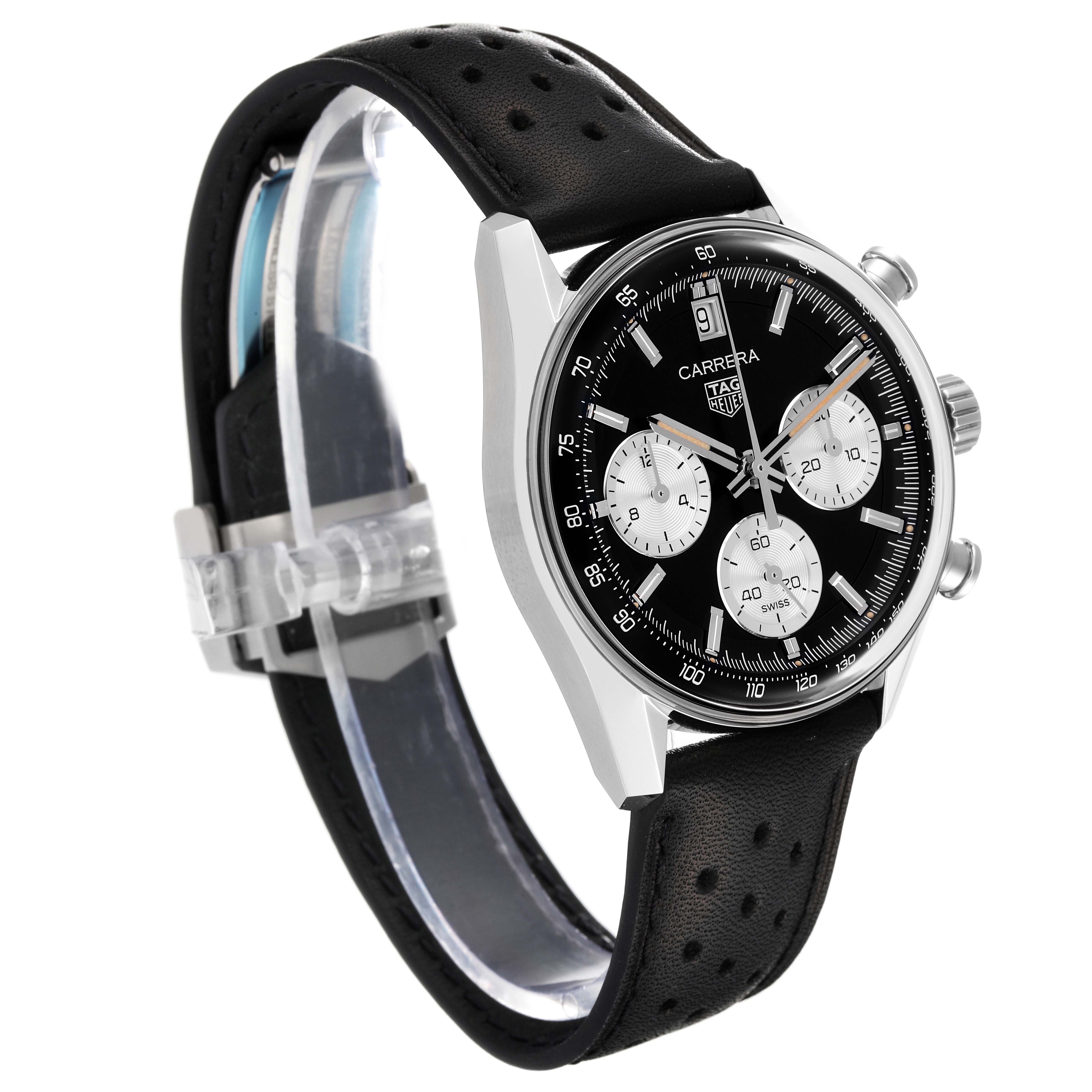 The image shows a Tag Heuer Carrera CBS2210.FC6534 Men's Stainless Steel Black Dial CBS2210.FC6534 Men's Stainless Steel Black Dial model watch with a black leather strap, black dial, and chronograph features at an angled view.
