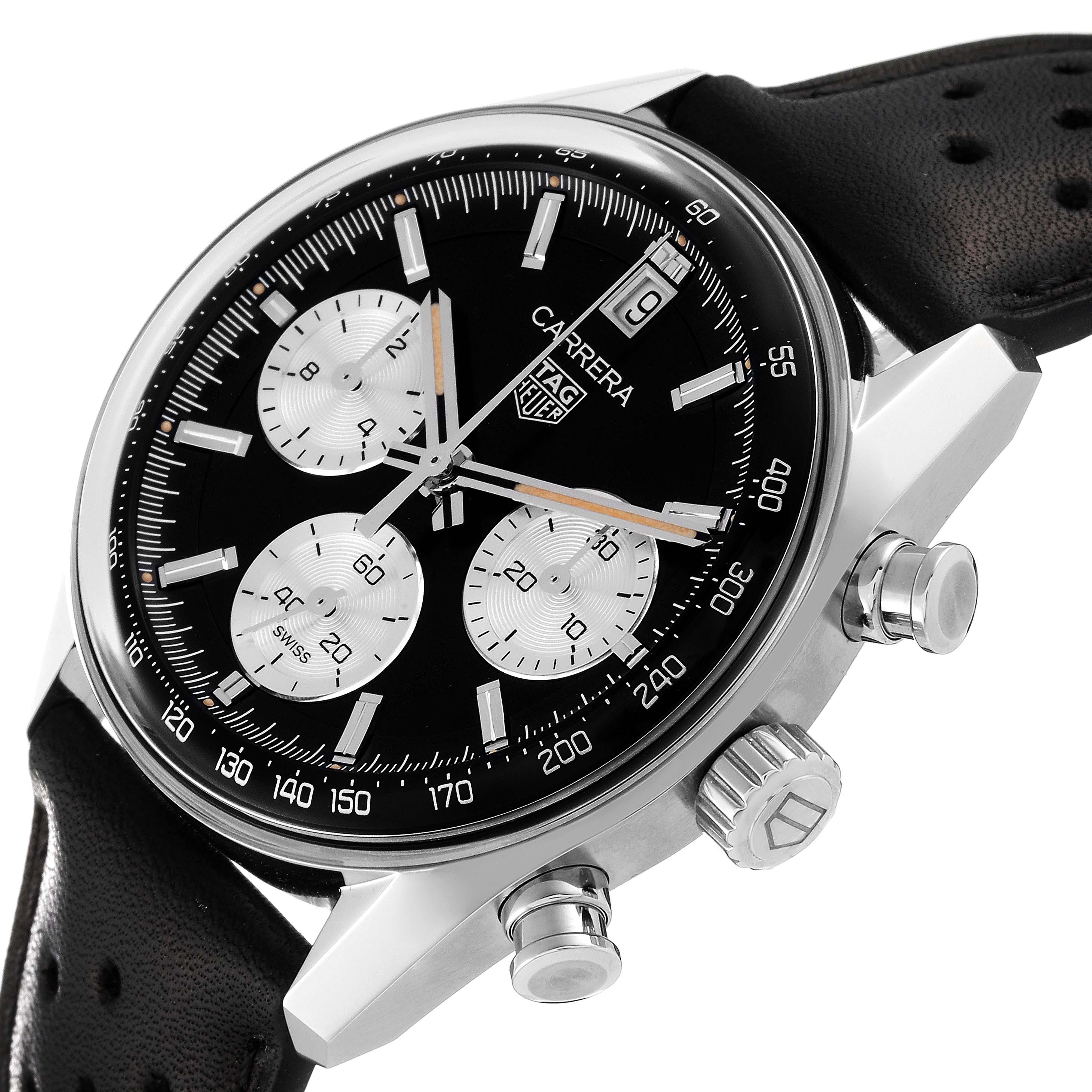 The image shows a close-up, angled view of a Tag Heuer Carrera CBS2210.FC6534 Men's Stainless Steel Black Dial CBS2210.FC6534 Men's Stainless Steel Black Dial watch highlighting its dial, subdials, and side buttons.
