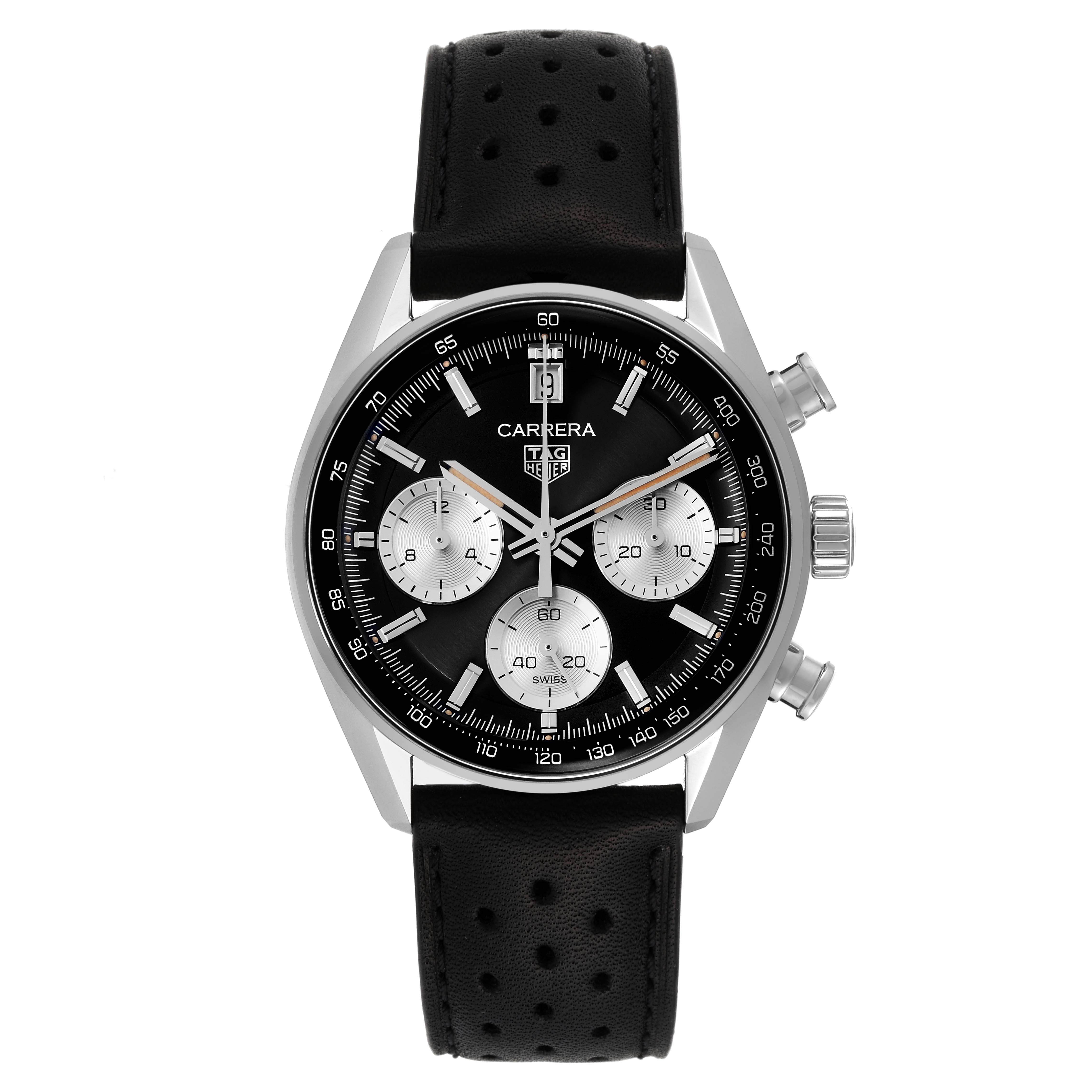 The image shows a front view of a Tag Heuer Carrera CBS2210.FC6534 Men's Stainless Steel Black Dial CBS2210.FC6534 Men's Stainless Steel Black Dial watch, featuring the face, bezel, crown, pushers, and strap.
