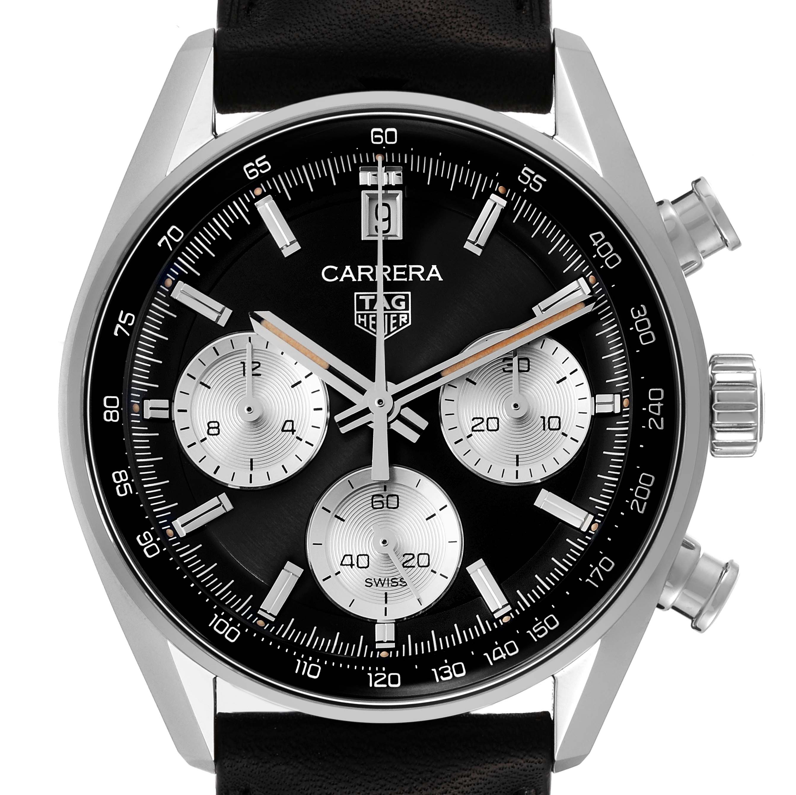 The image shows a close-up, front view of the Tag Heuer Carrera CBS2210.FC6534 Men's Stainless Steel Black Dial CBS2210.FC6534 Men's Stainless Steel Black Dial watch, displaying the chronograph dials and black face.