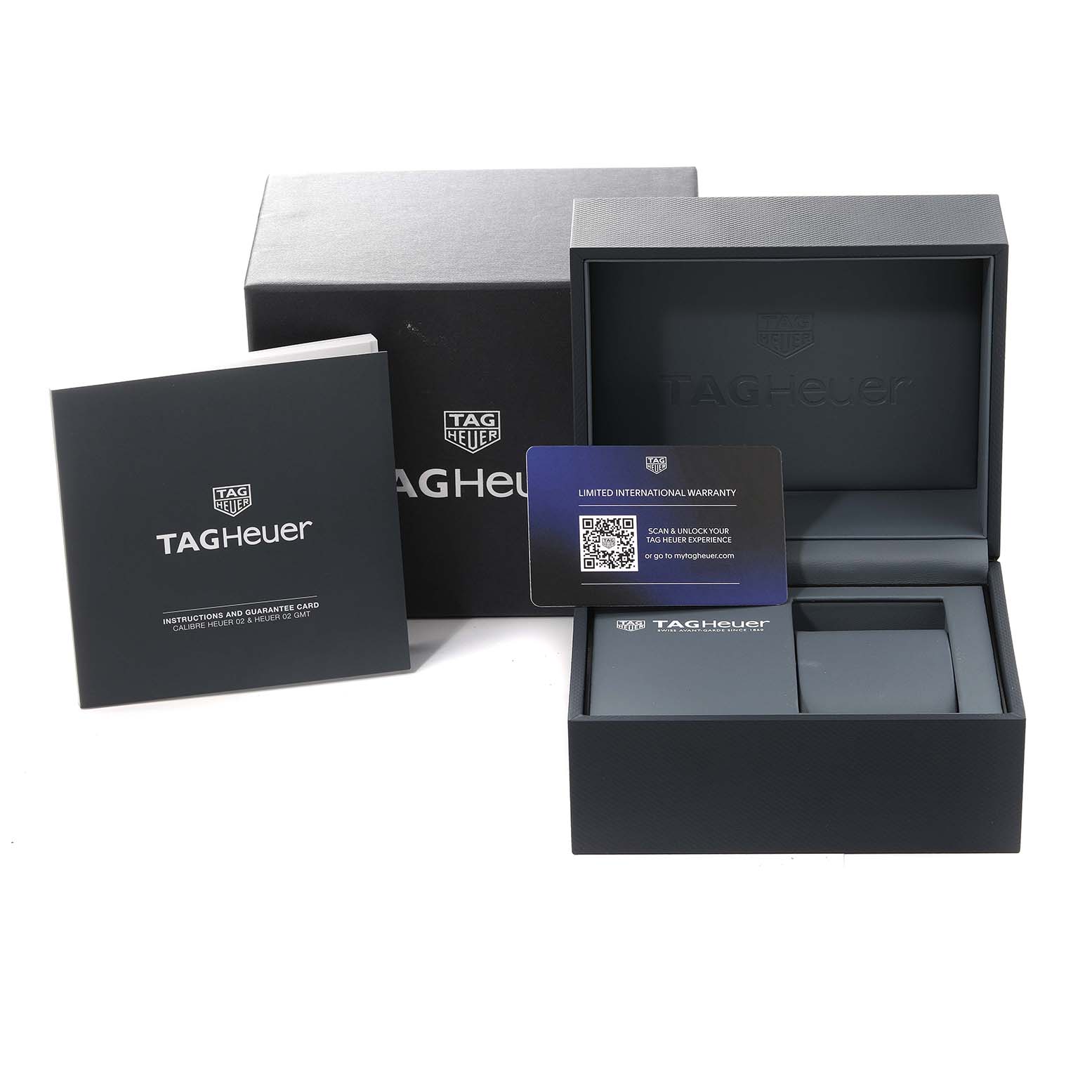 The image shows the packaging, warranty card, and instruction manual for a Tag Heuer Carrera CBS2210.FC6534 Men's Stainless Steel Black Dial CBS2210.FC6534 Men's Stainless Steel Black Dial watch.