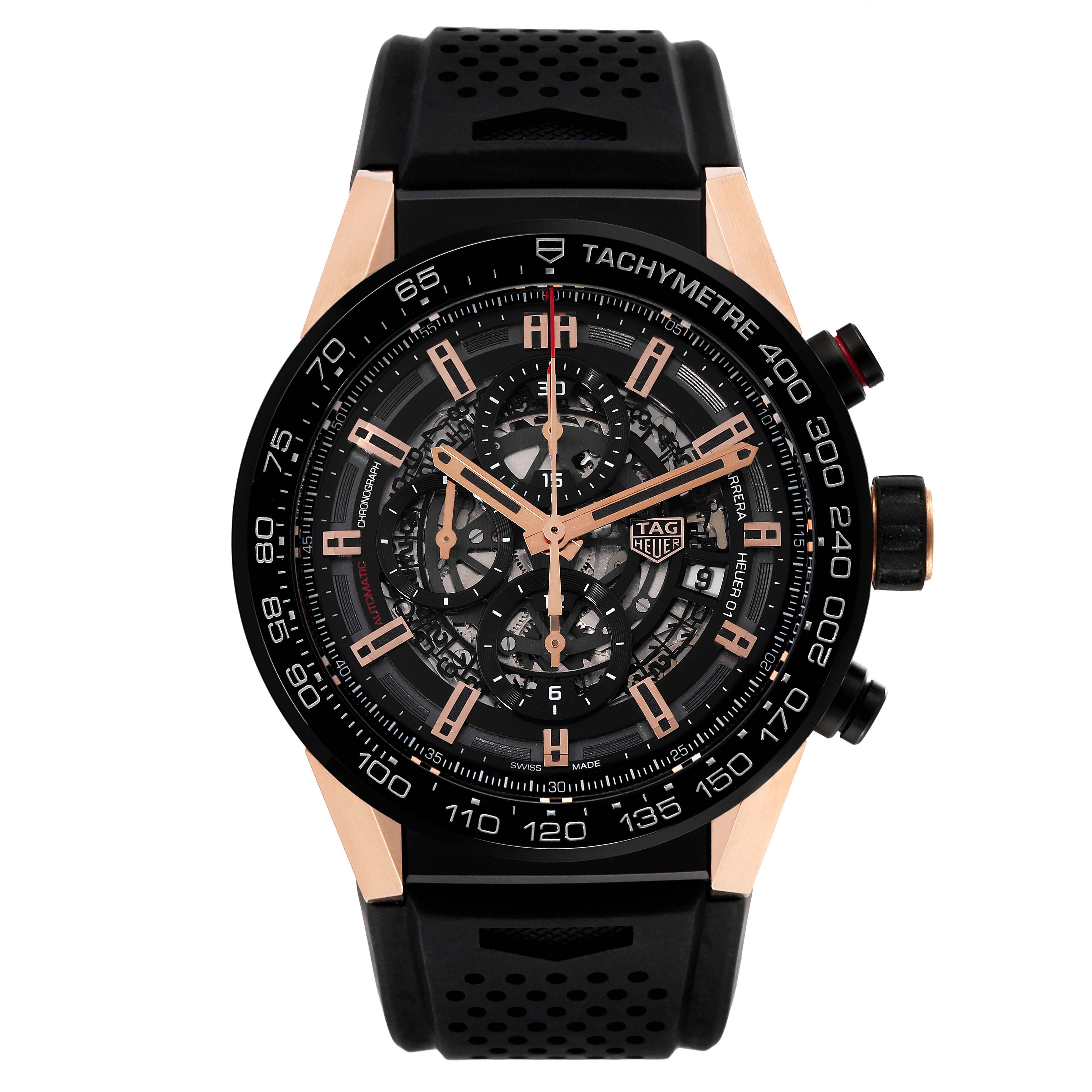 The image shows a front view of the Tag Heuer Carrera CAR2A5A Men's Titanium Black Dial CAR2A5A Men's Titanium Black Dial watch with its face, bezel, and strap visible.