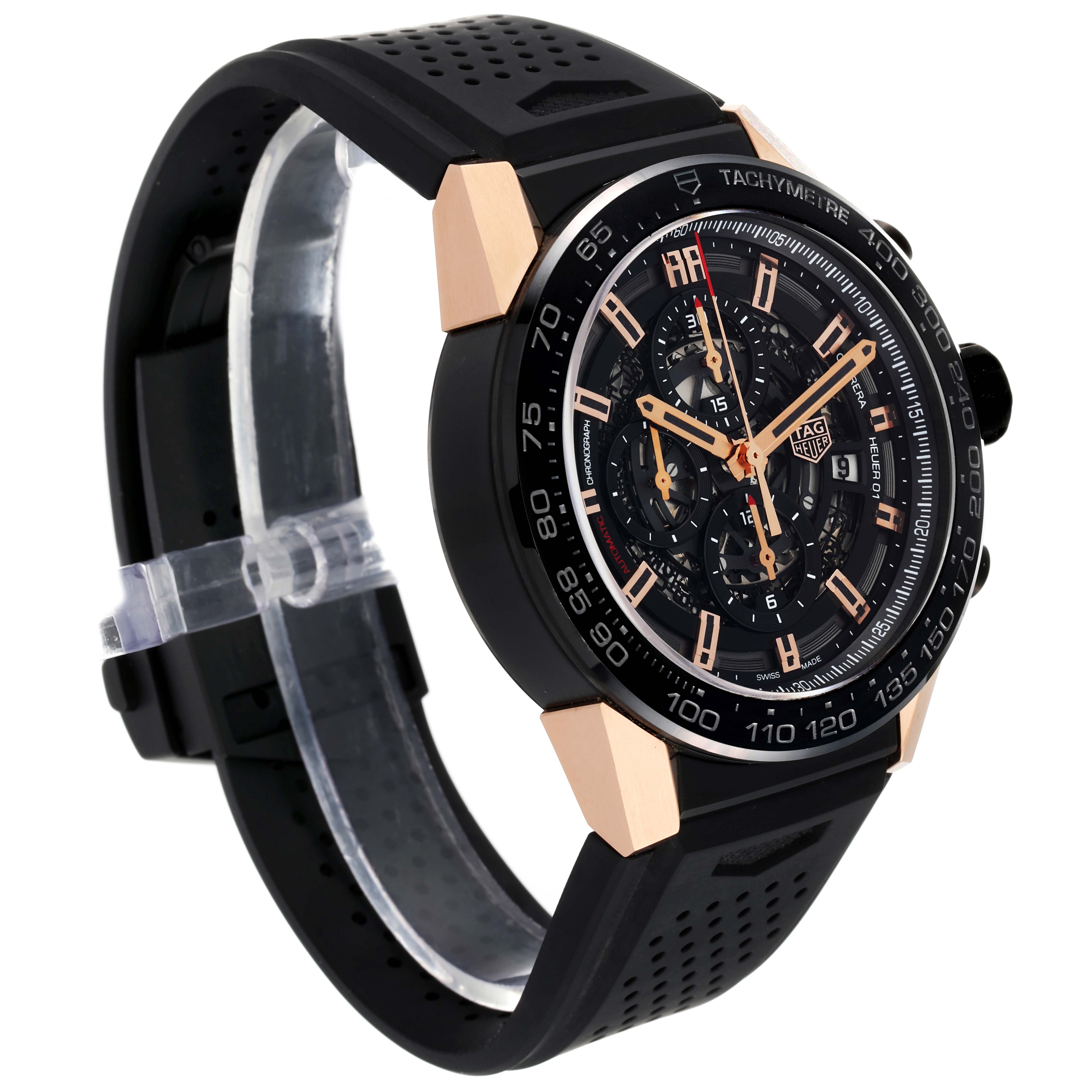 The image shows a side angle of the Tag Heuer Carrera CAR2A5A Men's Titanium Black Dial CAR2A5A Men's Titanium Black Dial watch, highlighting its face, bezel, crown, and strap.