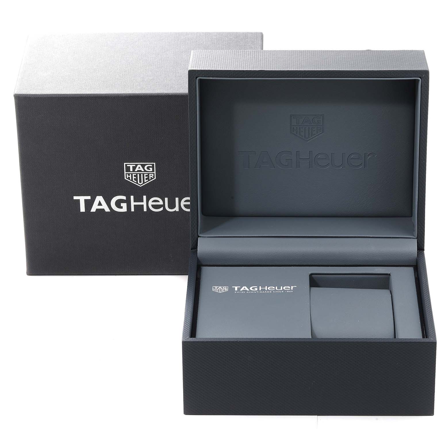The image shows an opened Tag Heuer Carrera CAR2A5A Men's Titanium Black Dial CAR2A5A Men's Titanium Black Dial watch box, revealing the internal compartments for the watch and accessories.