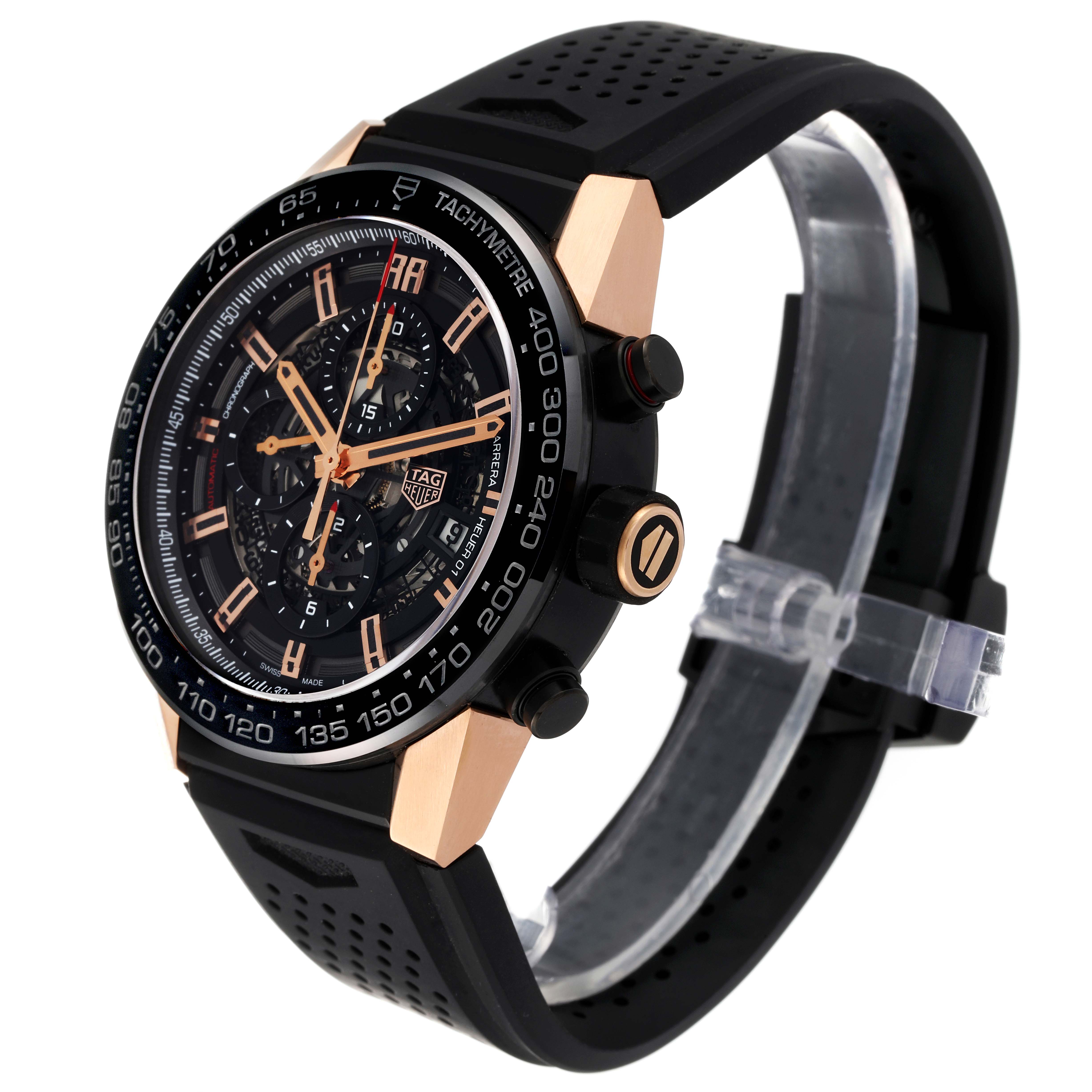 The image shows a side angle of the Tag Heuer Carrera CAR2A5A Men's Titanium Black Dial CAR2A5A Men's Titanium Black Dial watch, highlighting the bezel, crown, pushers, and perforated strap.