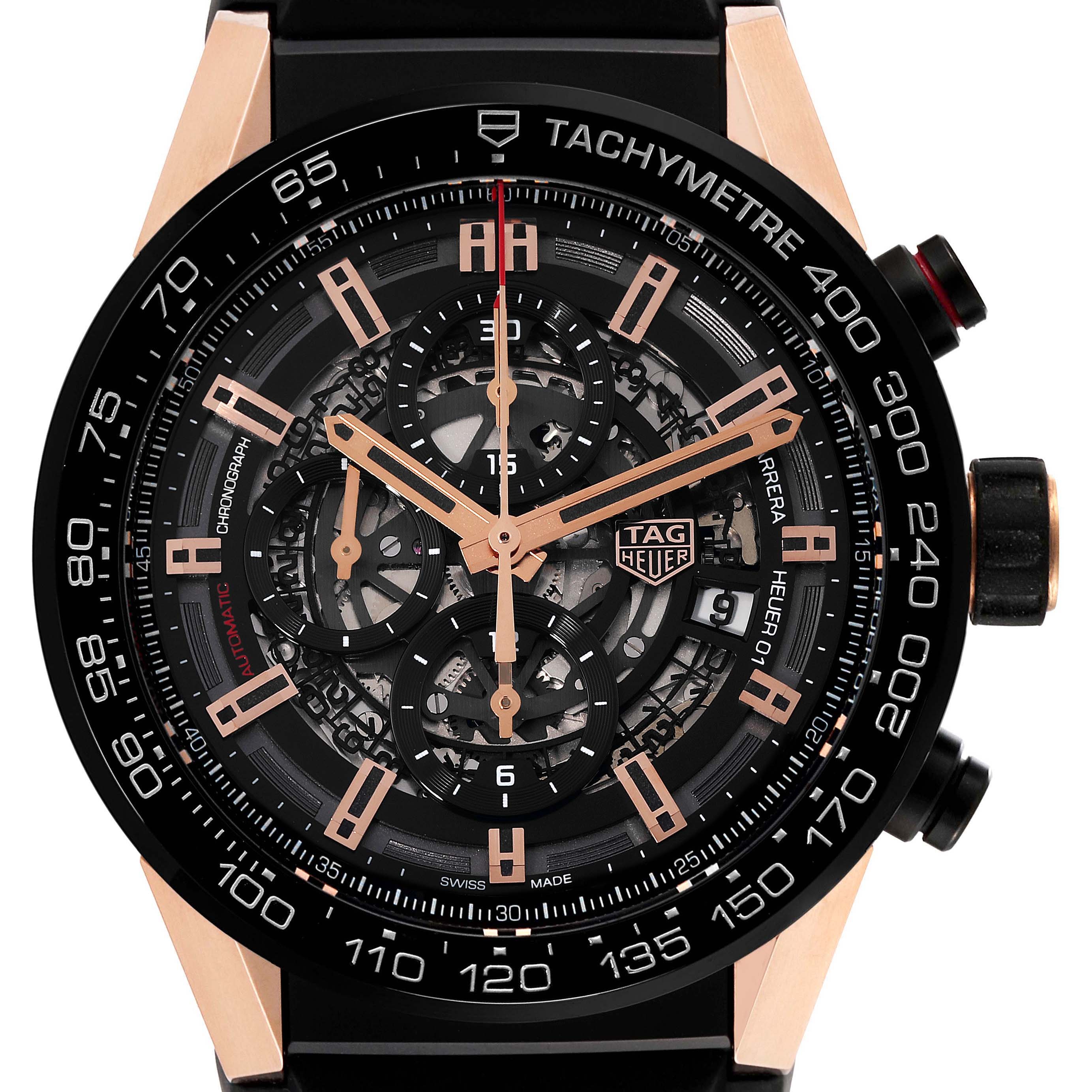 The image shows a front view of a Tag Heuer Carrera CAR2A5A Men's Titanium Black Dial CAR2A5A Men's Titanium Black Dial watch, highlighting the chronograph face, bezel, and pushers.