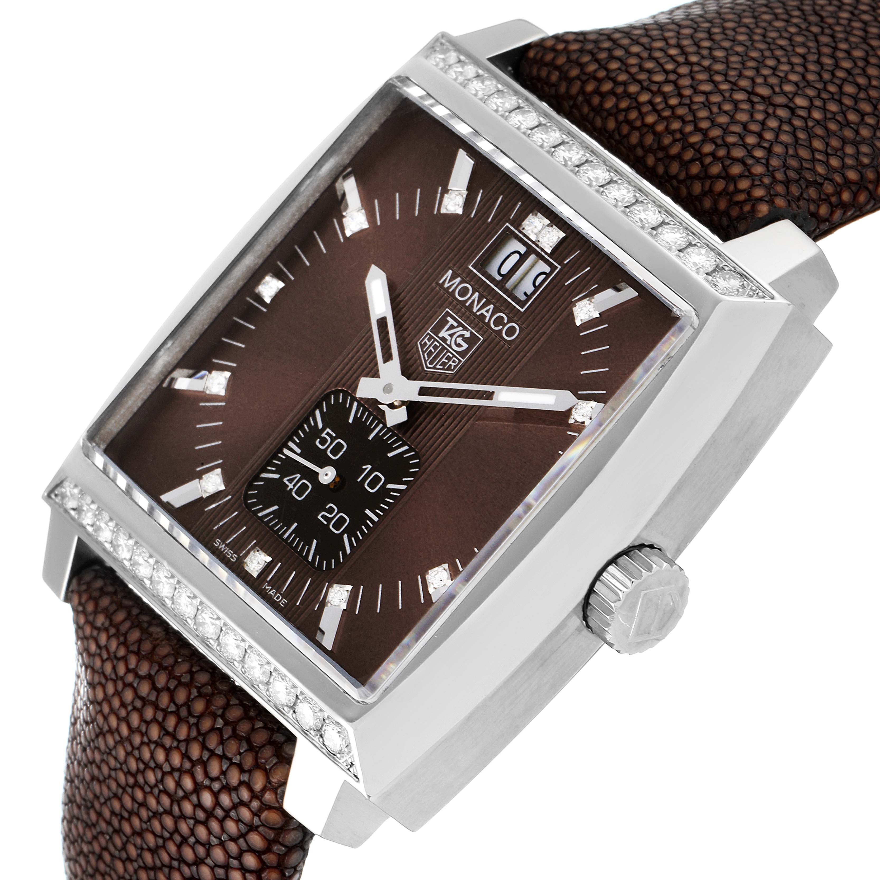 The image shows a tilted front view of a Tag Heuer Monaco WAW1316.EB0025 Men's Stainless Steel Brown Dial WAW1316.EB0025 Men's Stainless Steel Brown Dial watch featuring a brown dial, square case, and brown leather strap.