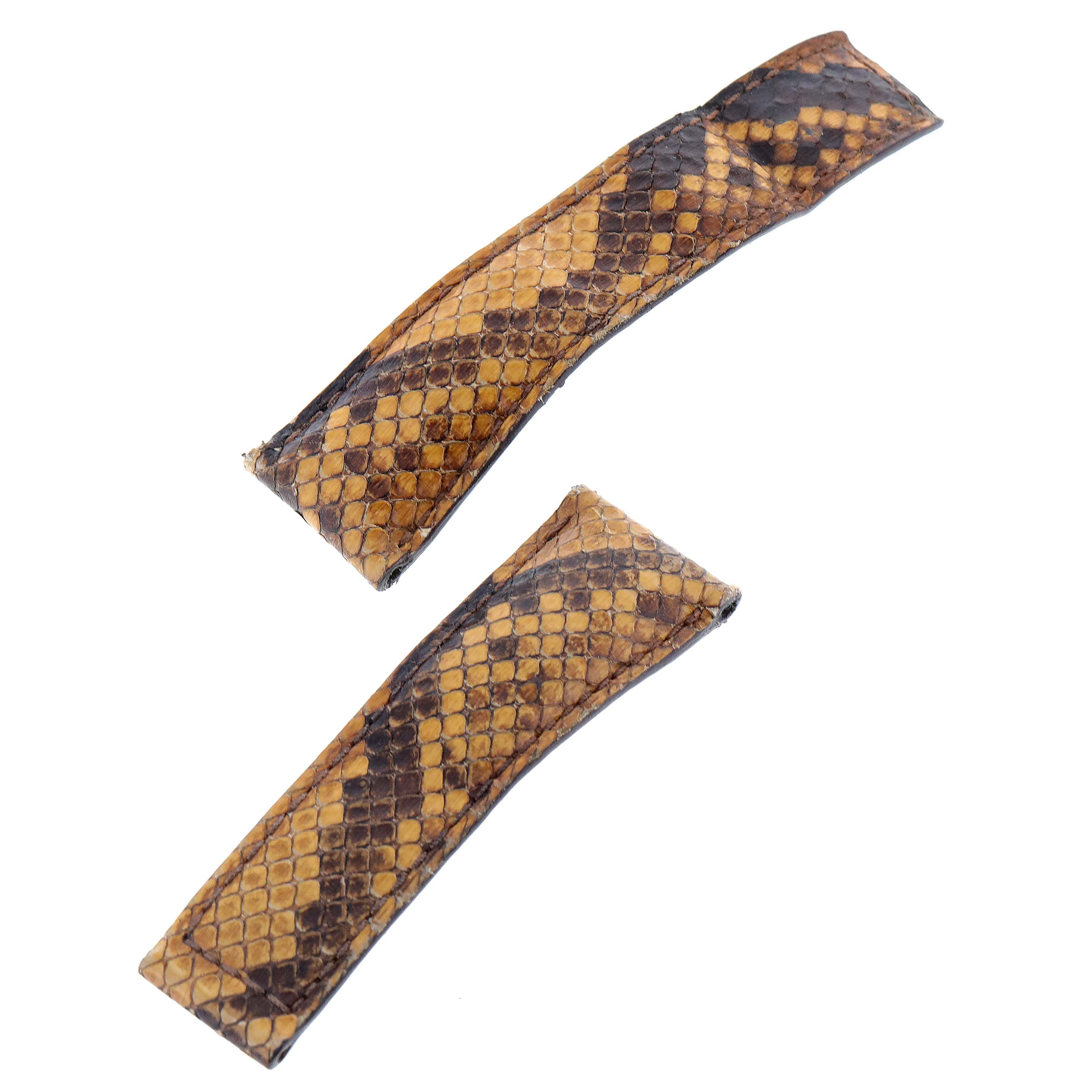 This image shows two snakeskin leather watch straps for the Tag Heuer Monaco WAW1316.EB0025 Men's Stainless Steel Brown Dial WAW1316.EB0025 Men's Stainless Steel Brown Dial model, photographed from above.