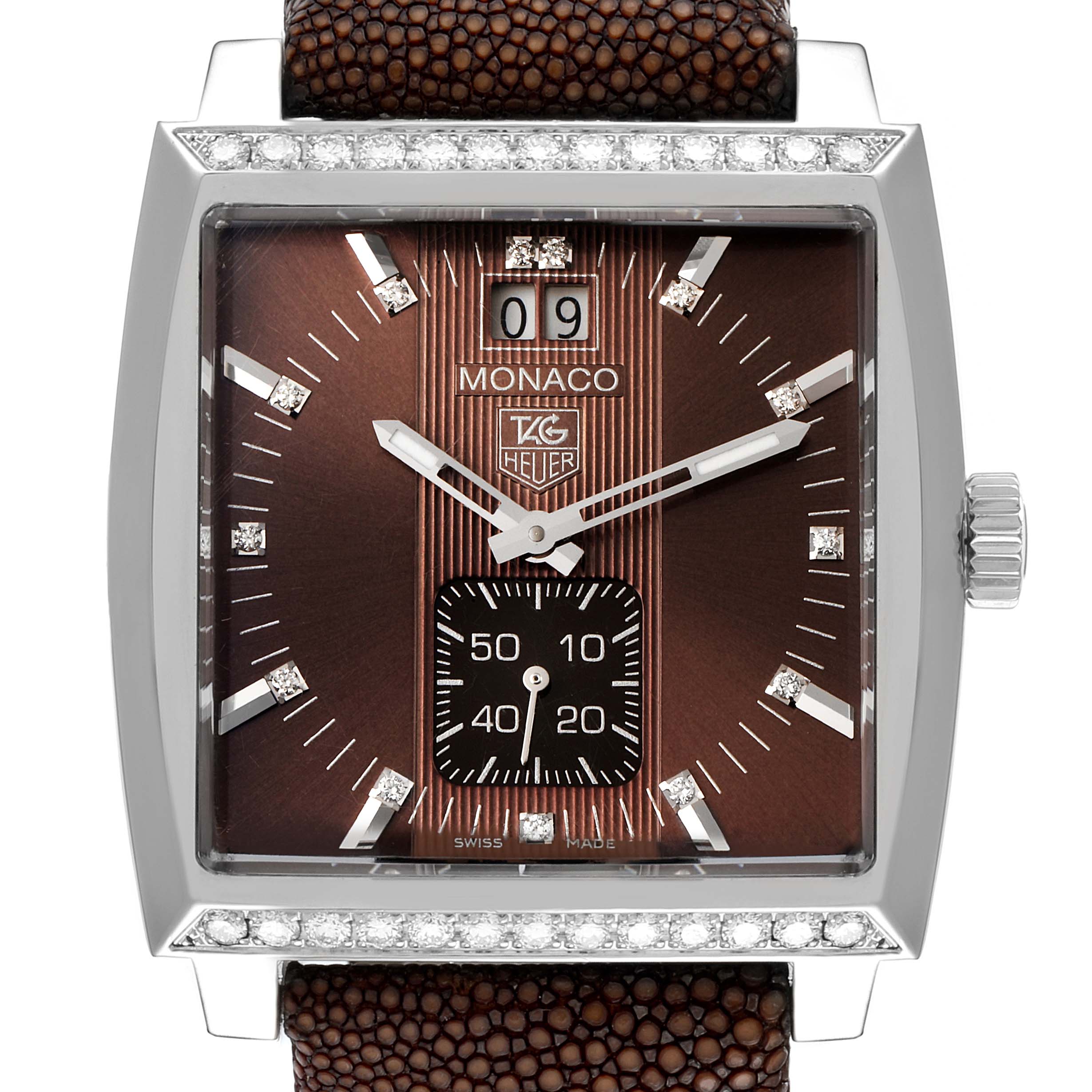 The image shows a front view of the Tag Heuer Monaco WAW1316.EB0025 Men's Stainless Steel Brown Dial WAW1316.EB0025 Men's Stainless Steel Brown Dial watch, highlighting the dial and strap.