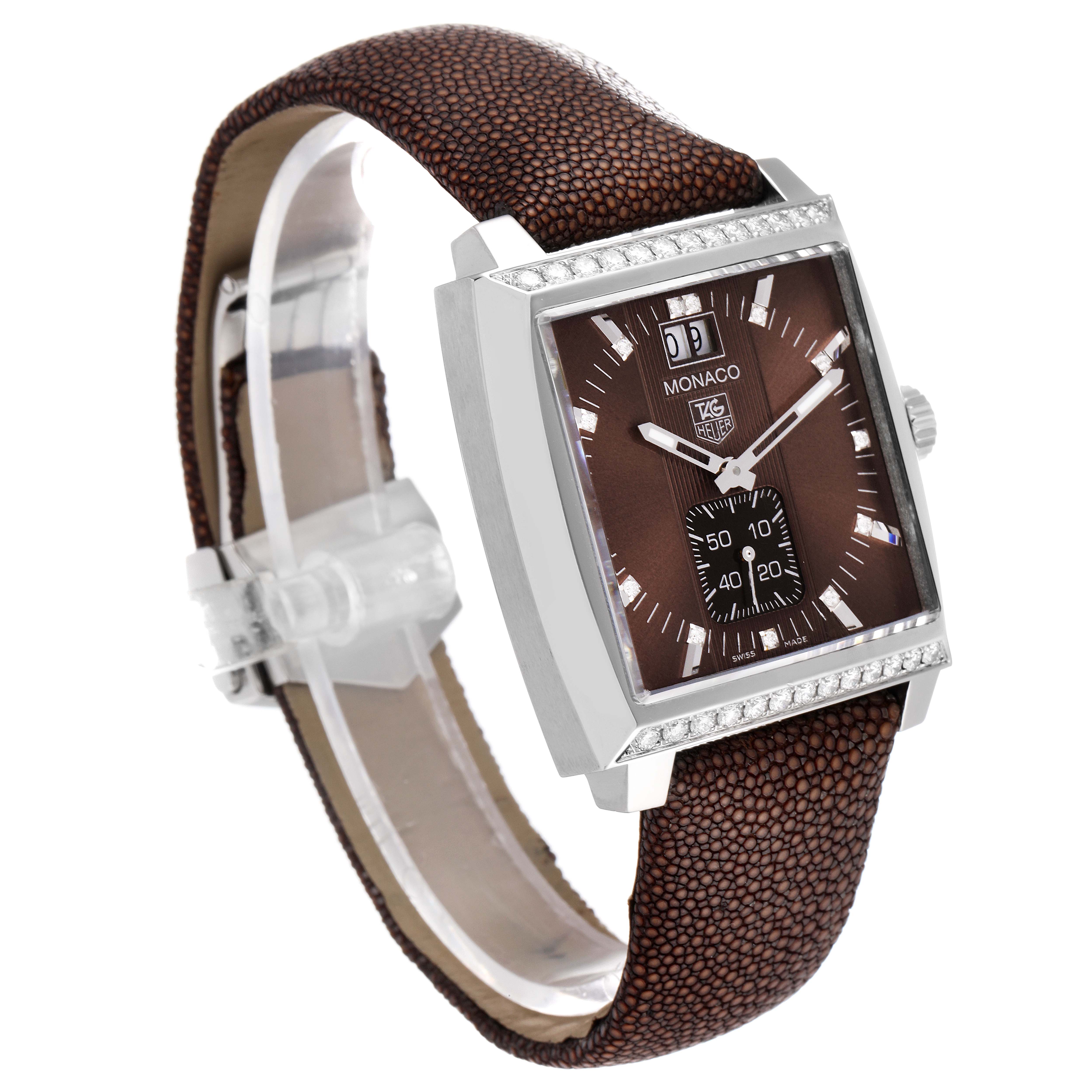 The image shows the front and side view of a Tag Heuer Monaco WAW1316.EB0025 Men's Stainless Steel Brown Dial WAW1316.EB0025 Men's Stainless Steel Brown Dial watch with a brown strap and square face.