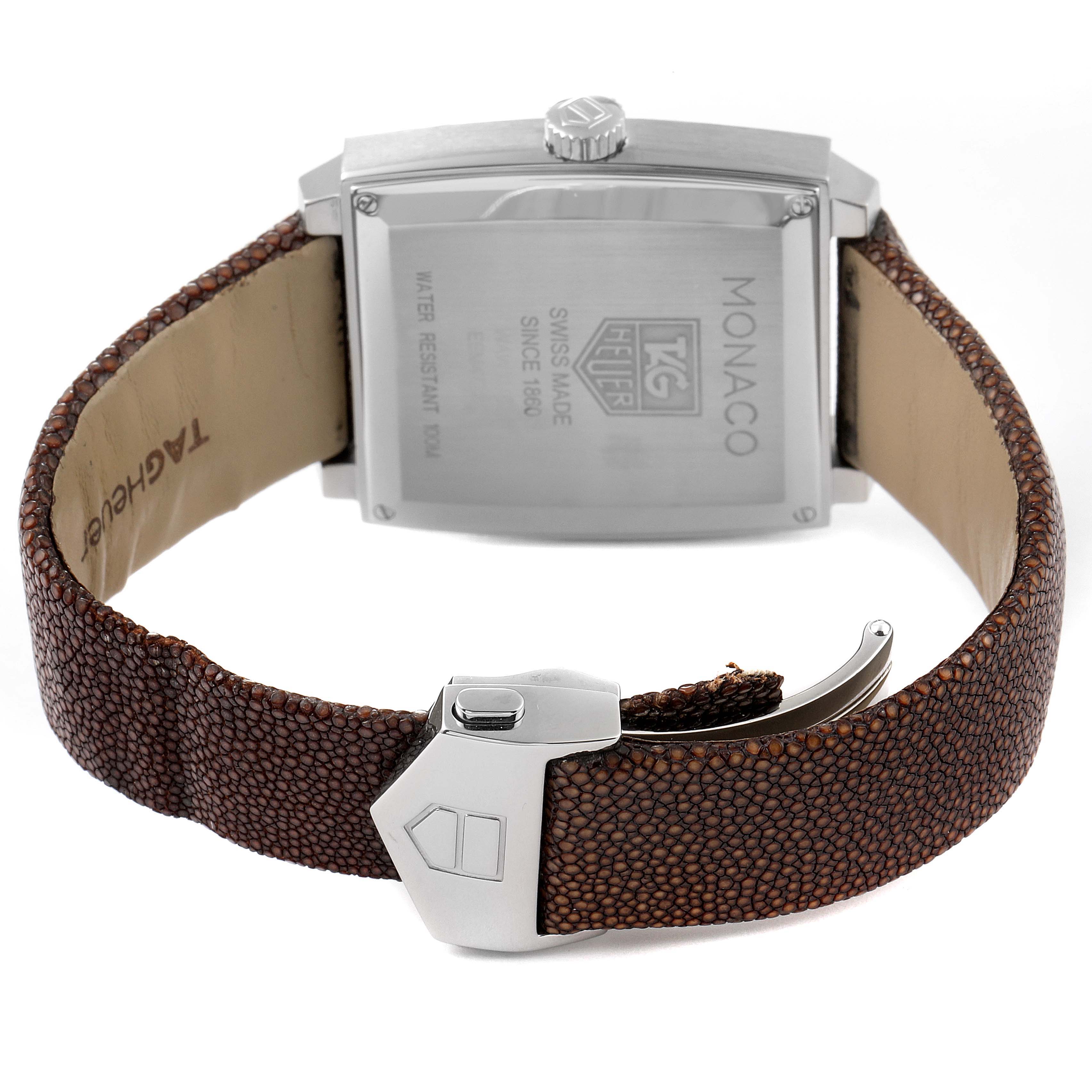 The image shows the back view of a Tag Heuer Monaco WAW1316.EB0025 Men's Stainless Steel Brown Dial WAW1316.EB0025 Men's Stainless Steel Brown Dial watch, with the strap and clasp visible.
